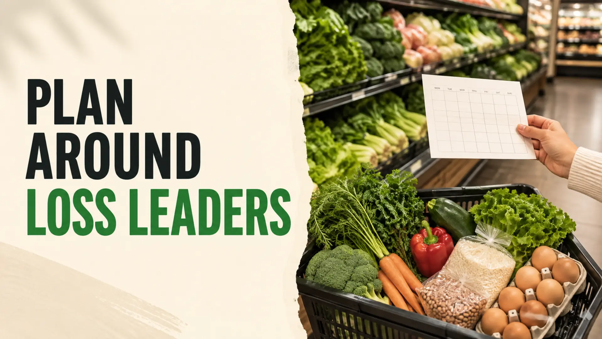Meal plan around supermarket loss leaders with a weekly flyer and a basket of vegetables, rice, beans and eggs