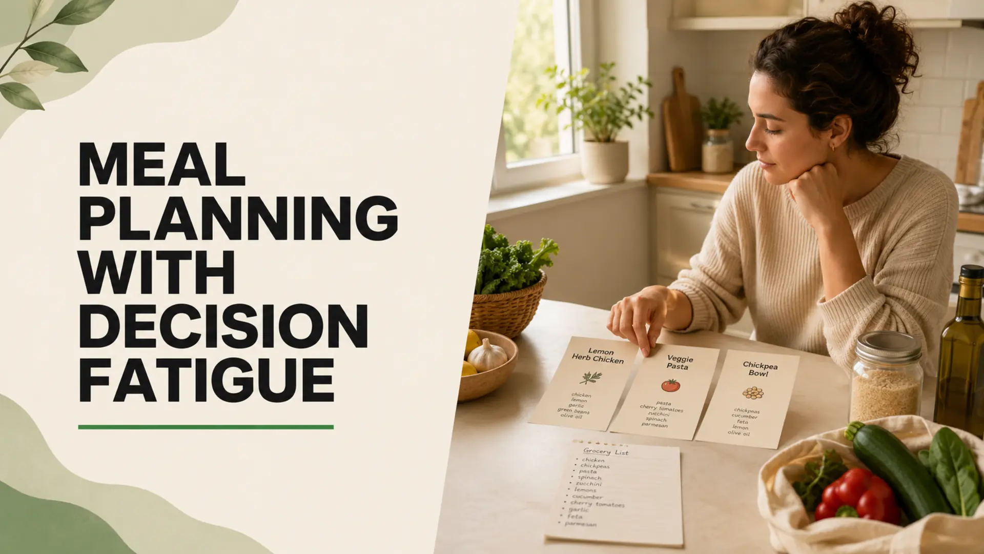 Person choosing from simple meal cards for meal planning with decision fatigue