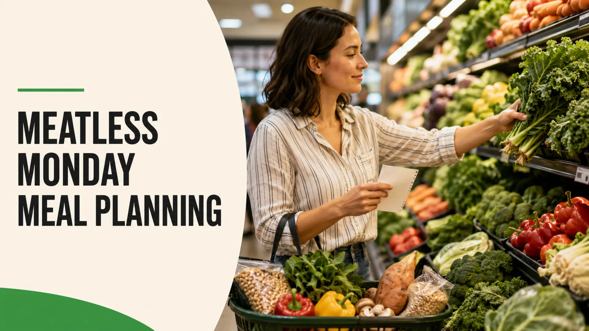 Shopper selecting vegetables for Meatless Monday meal planning with beans, grains and fresh produce
