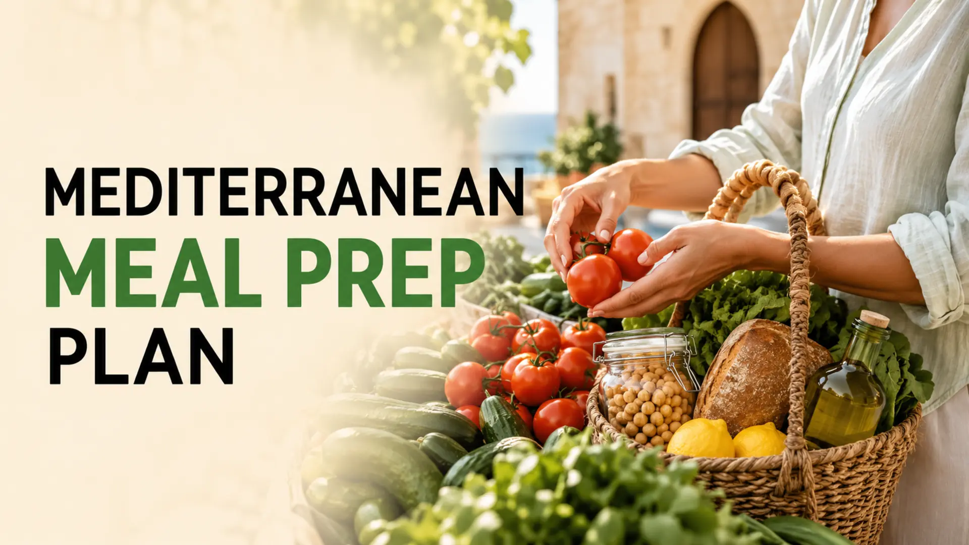 Shopper choosing tomatoes and Mediterranean staples for a flexible Mediterranean diet meal prep plan