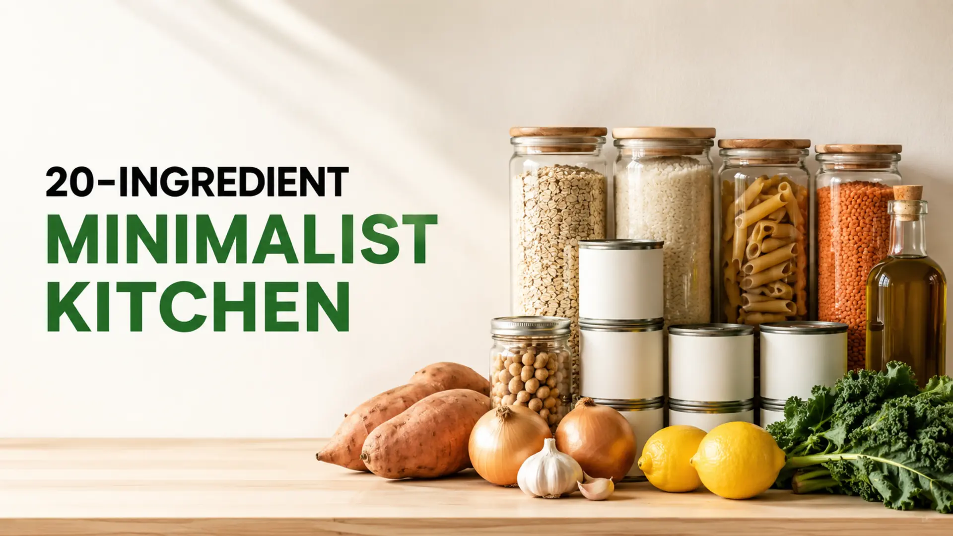 Organized pantry staples and fresh produce representing 20 flexible minimalist kitchen ingredients