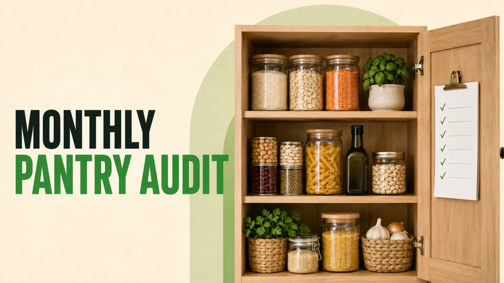 Organized pantry and checklist for completing a monthly pantry audit
