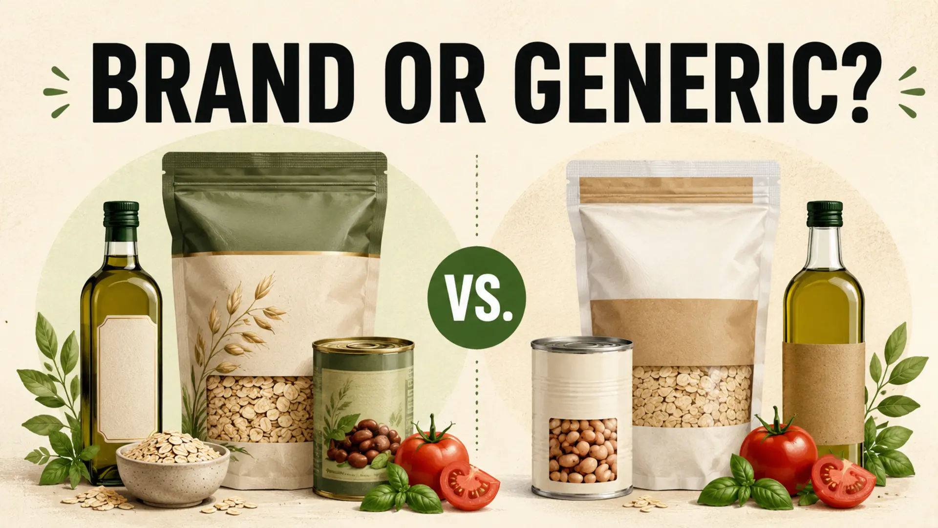 Name-brand vs generic groceries comparison with oats, beans, olive oil and tomatoes