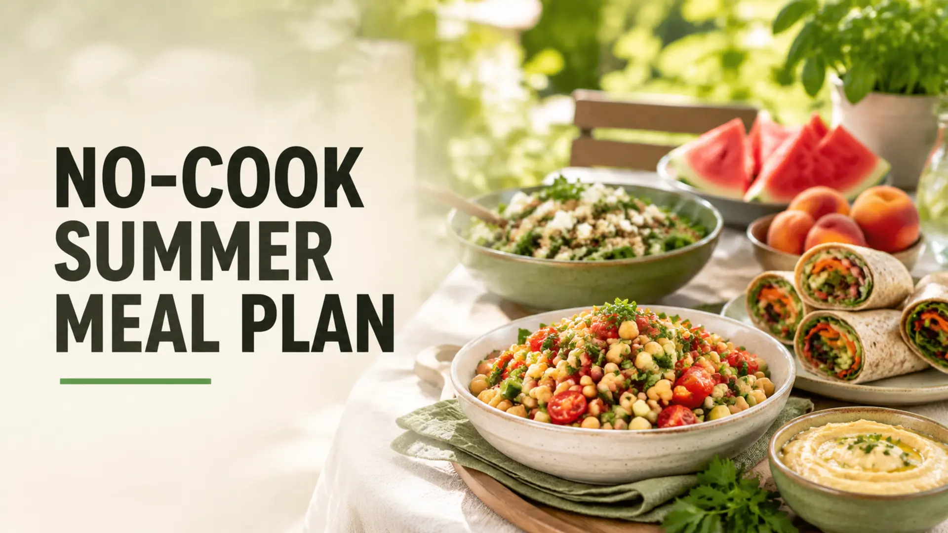 Fresh chickpea salad, vegetable wraps and summer fruit for a no-cook summer meal plan