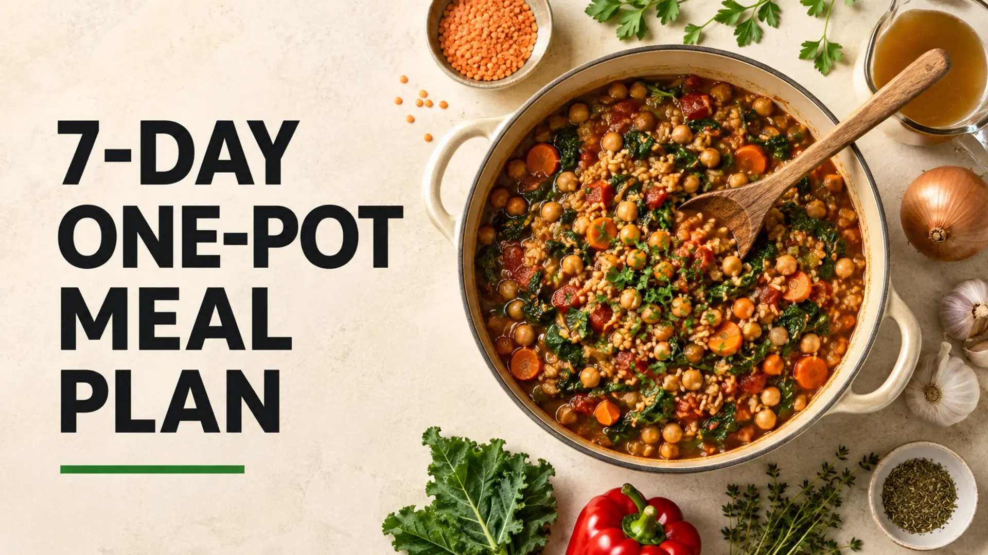 One-pot meals 7-day plan with chickpeas, grains, tomatoes, carrots and greens in a Dutch oven