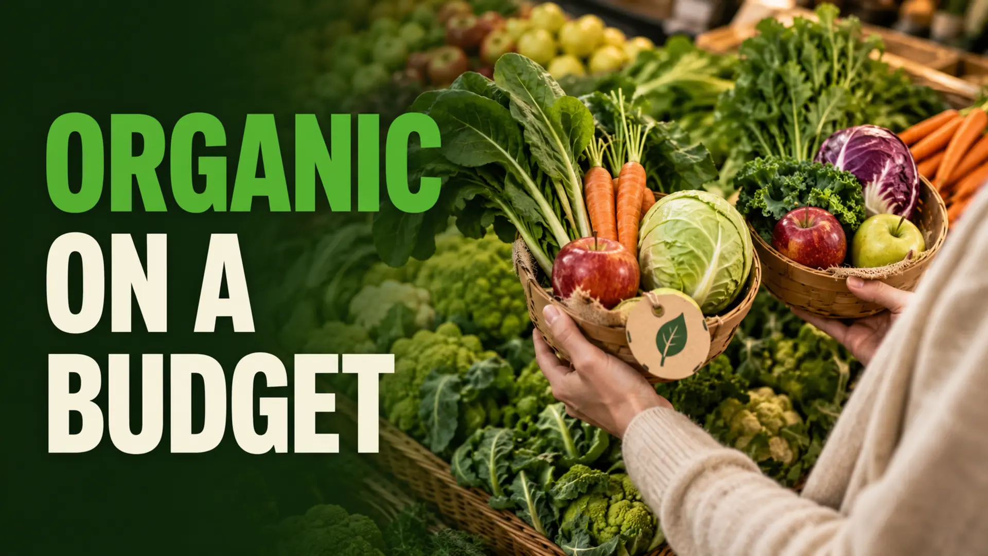 Organic food on a budget with a shopper comparing baskets of leafy greens, carrots, cabbage and apples