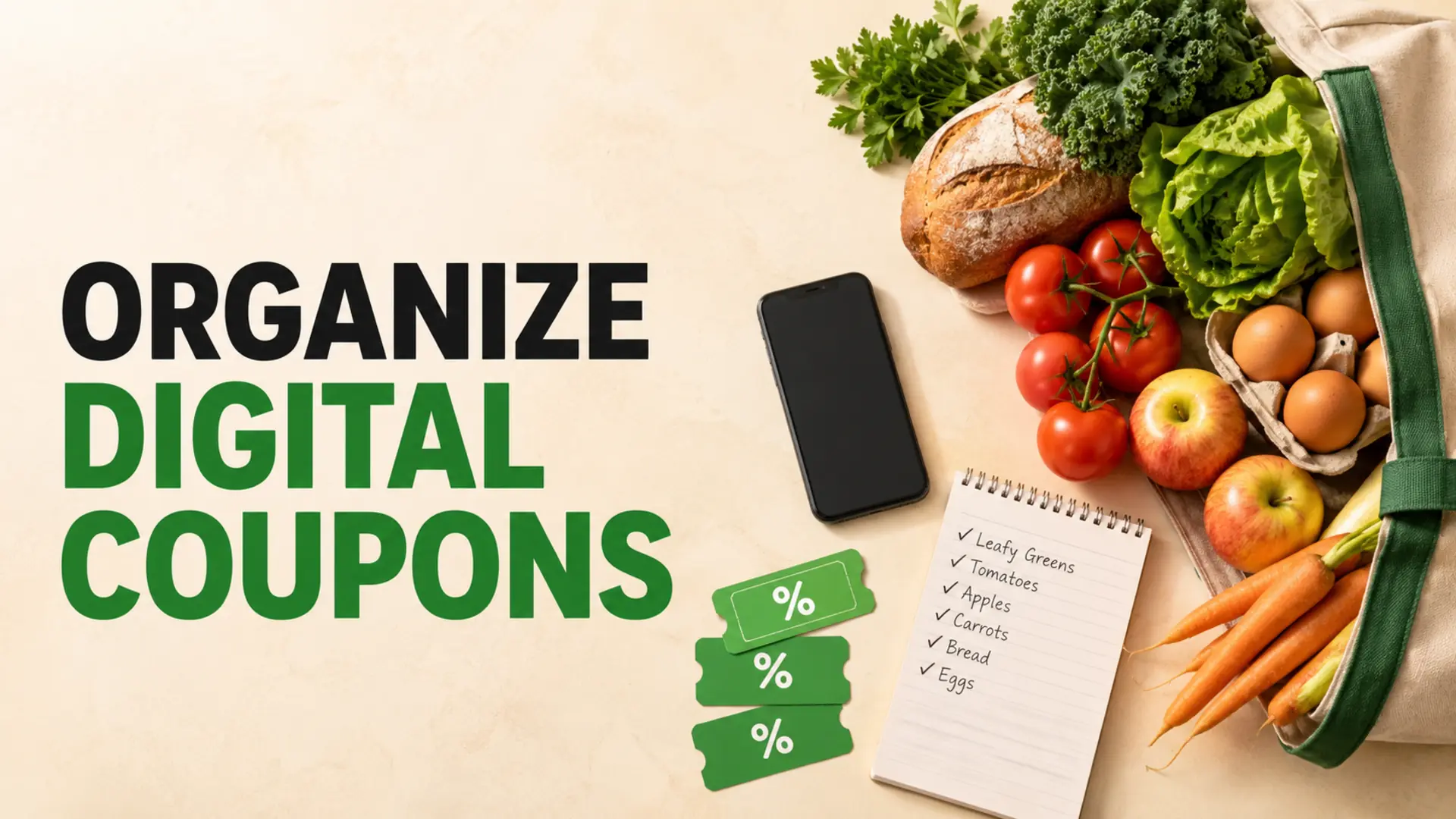 Mobile grocery list, produce, and coupon cards arranged to organize digital coupons