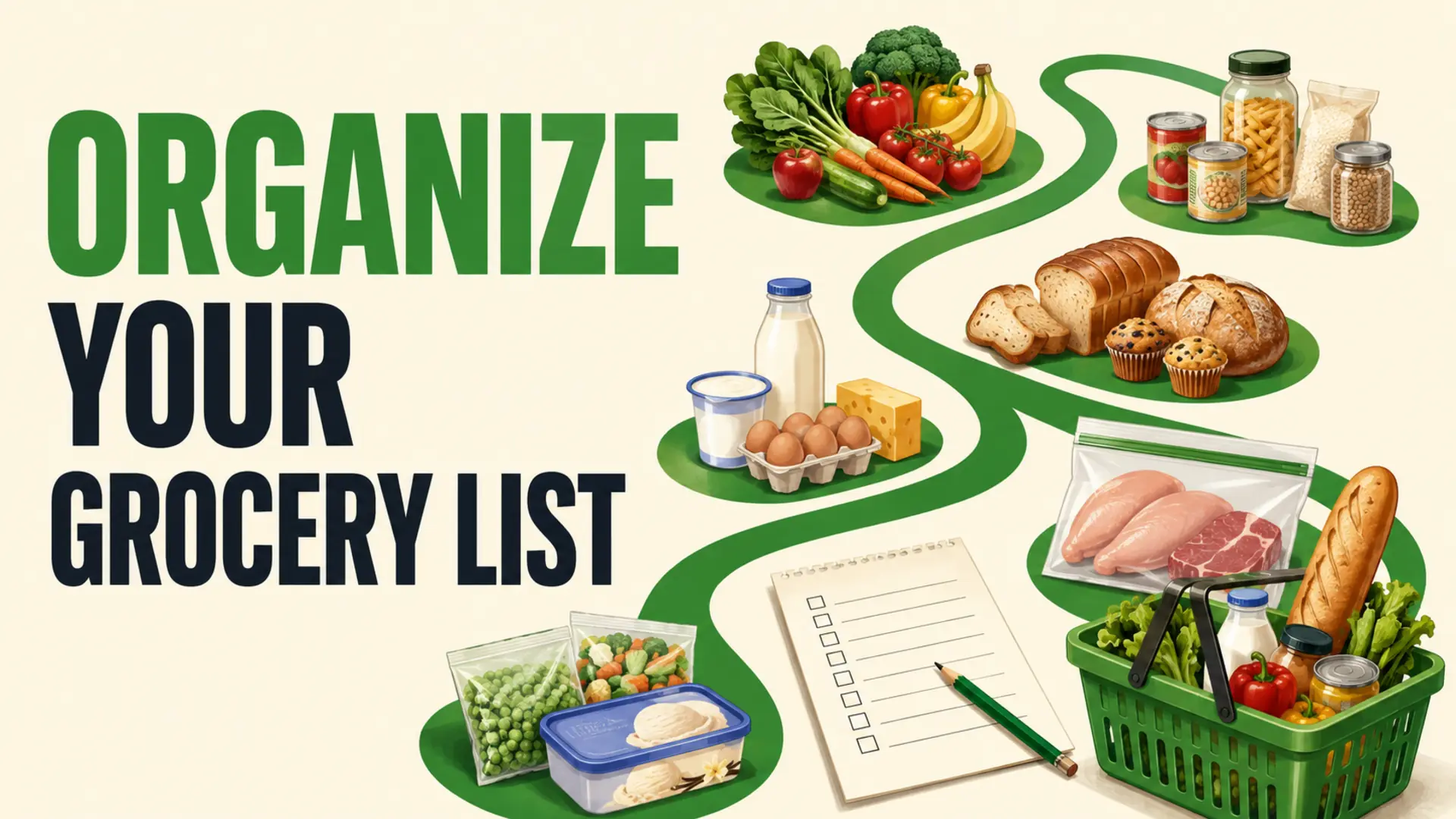 Organize a grocery list by category with produce, pantry, chilled and frozen shopping zones
