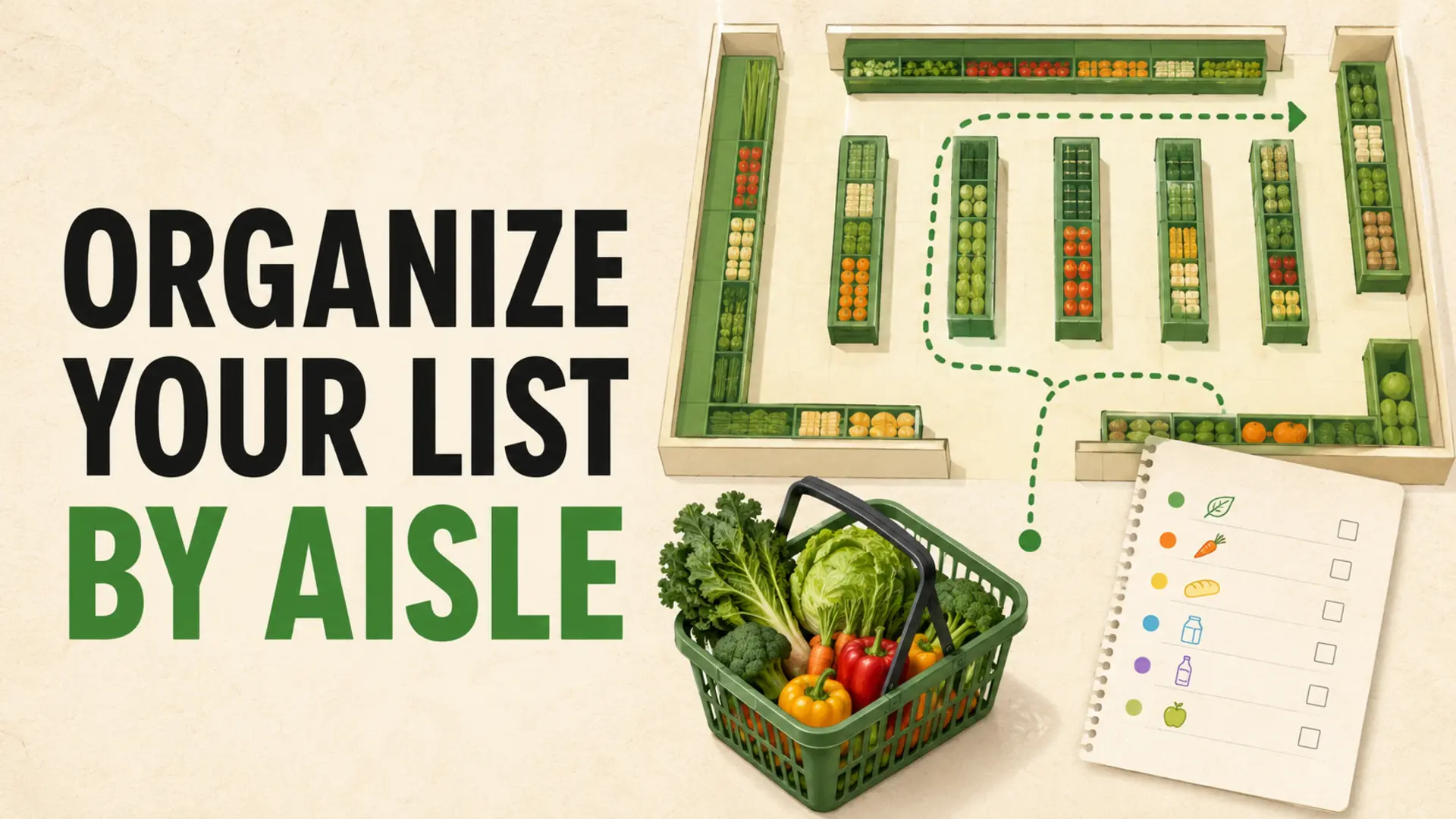 Illustrated supermarket route and categorized checklist showing how to organize a shopping list by aisle