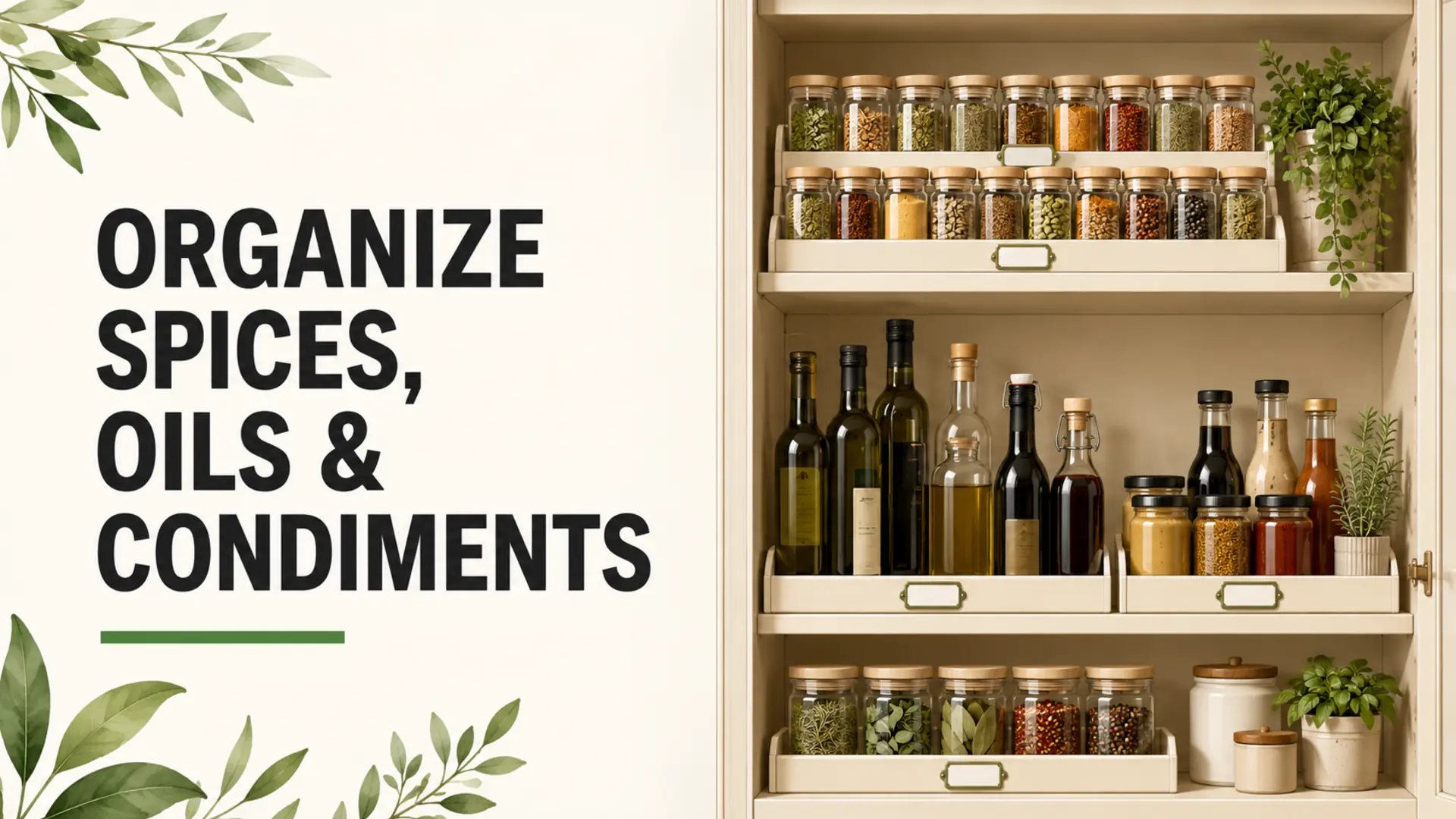 Organized spice jars, cooking oils and condiment bottles arranged in pantry storage zones