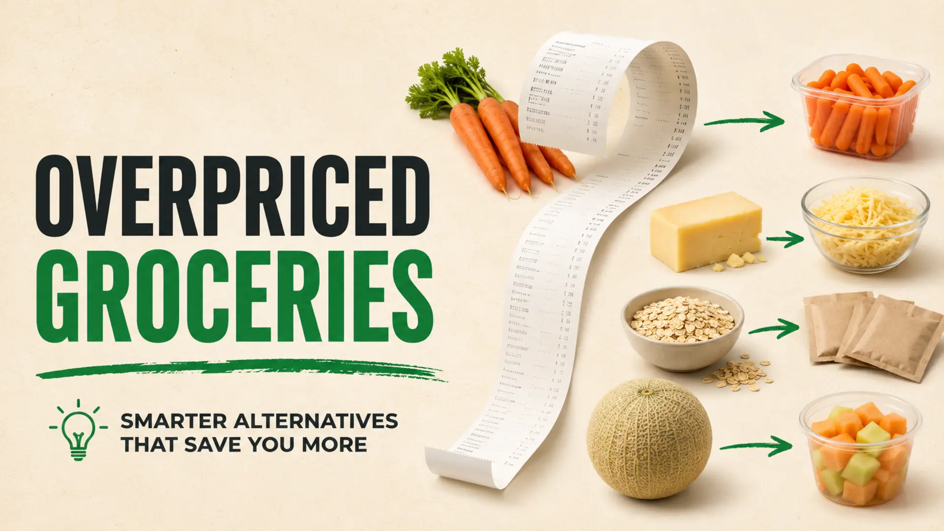 Overpriced grocery items compared with smarter alternatives such as whole carrots, block cheese, oats and whole melon