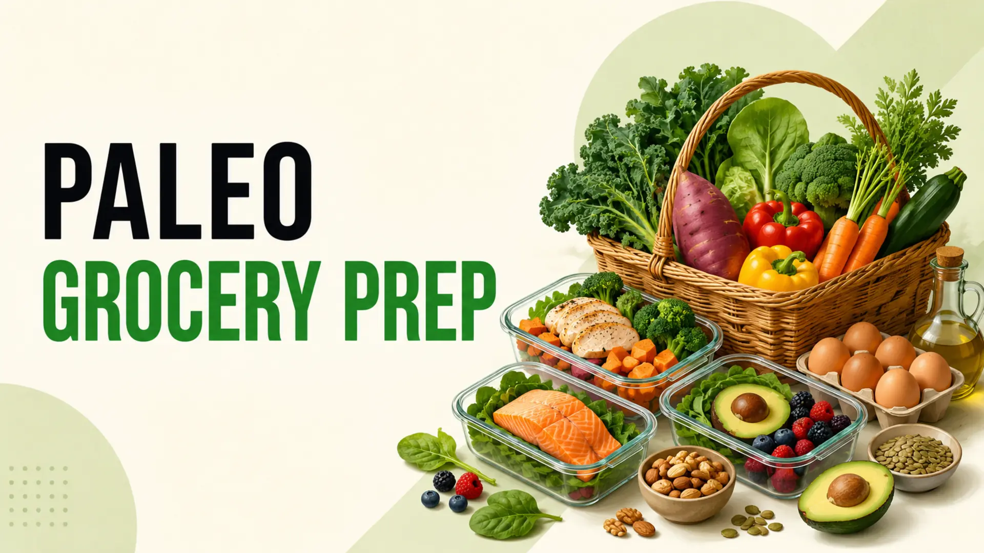 Paleo grocery prep with vegetables, sweet potatoes, fruit, eggs, salmon, chicken, nuts and olive oil