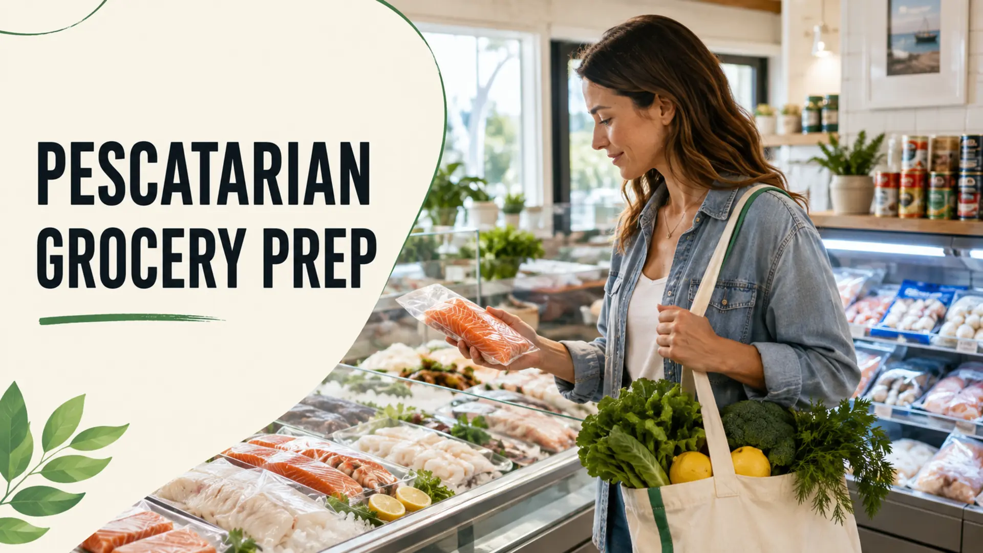 Pescatarian grocery prep guide shopper choosing salmon with fresh produce