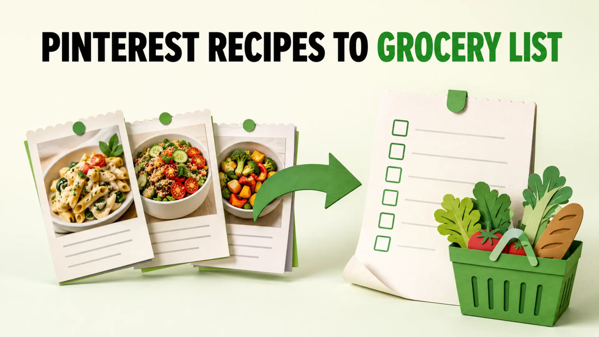 Recipe cards transforming into a checklist for converting Pinterest recipes to a grocery list