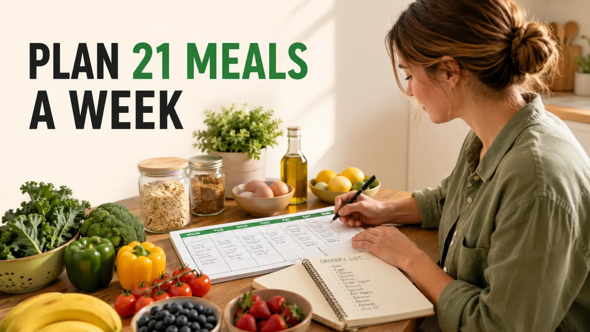 Weekly meal planner with fresh produce and pantry staples for planning 21 meals a week