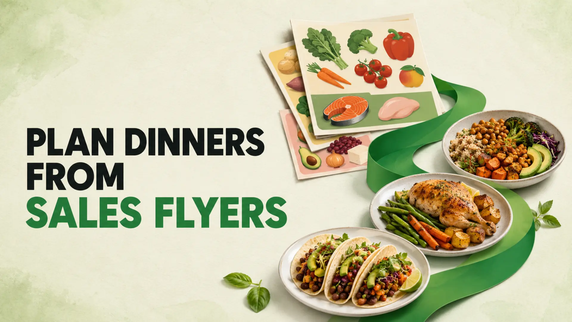 Sales flyer ingredients transforming into balanced dinners for planning meals around supermarket offers