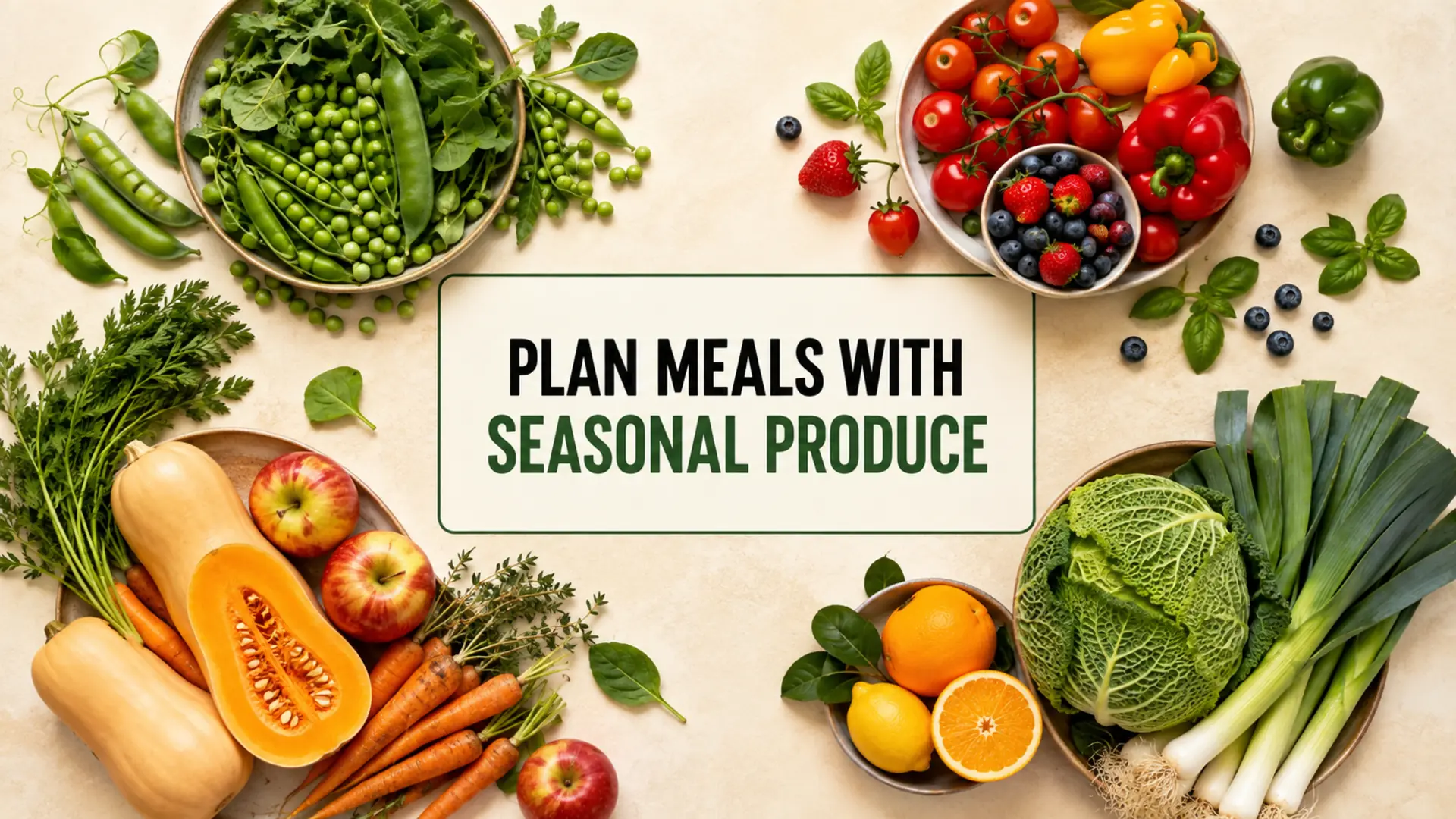 Seasonal produce meal planning with greens, peas, tomatoes, berries, squash, apples, cabbage and citrus