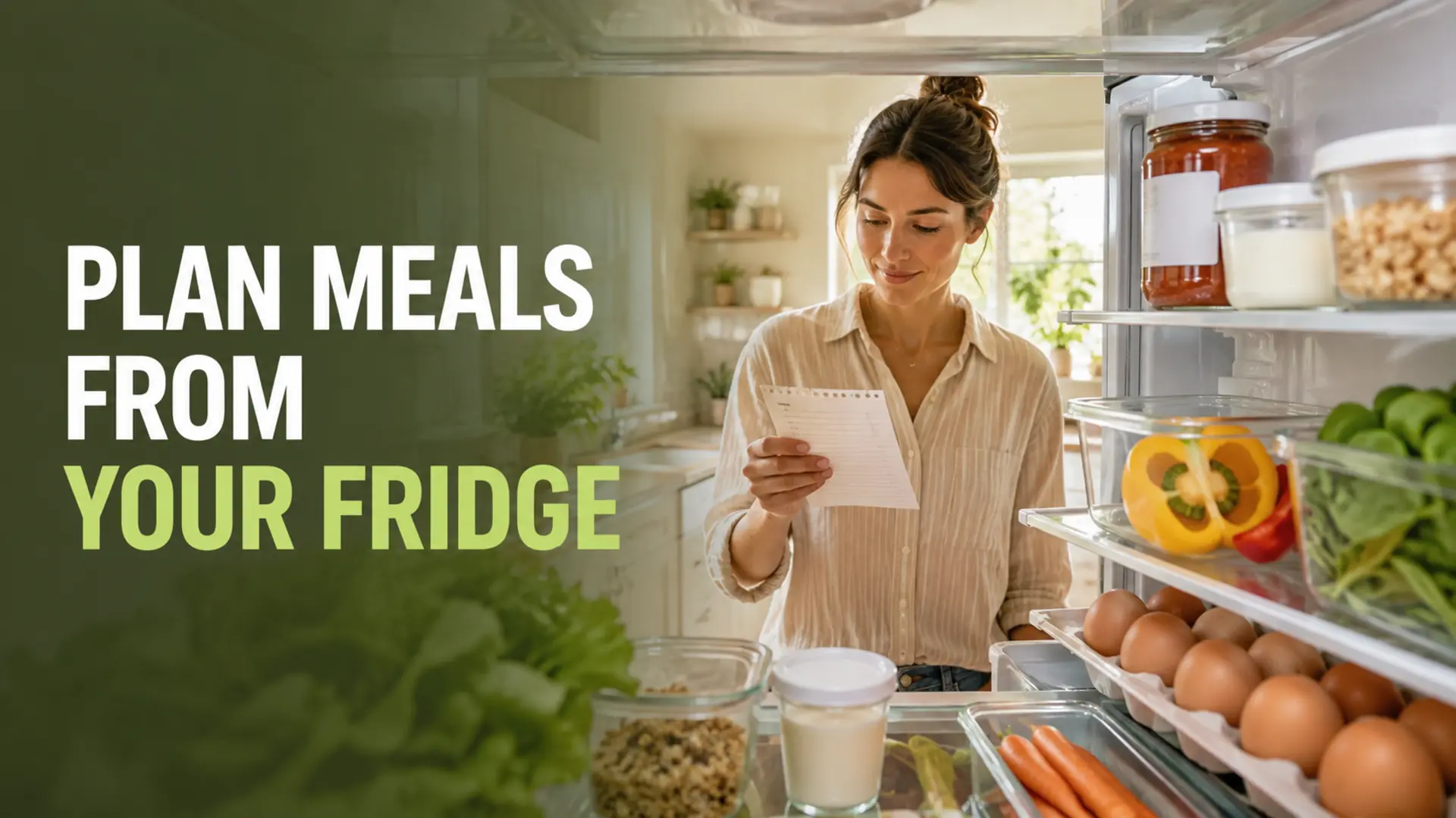 Home cook reviewing refrigerator ingredients to plan weekly meals from the fridge