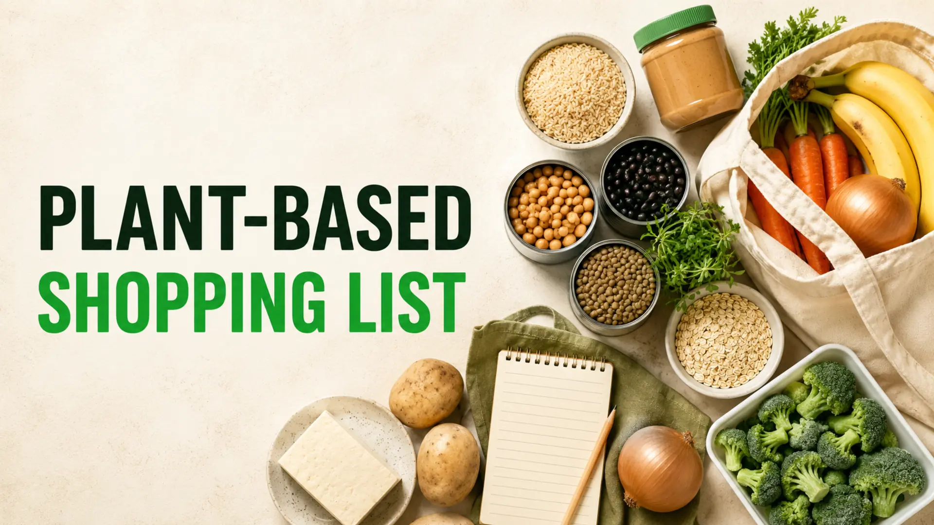 Beans, lentils, tofu, grains and vegetables arranged for a plant-based shopping list