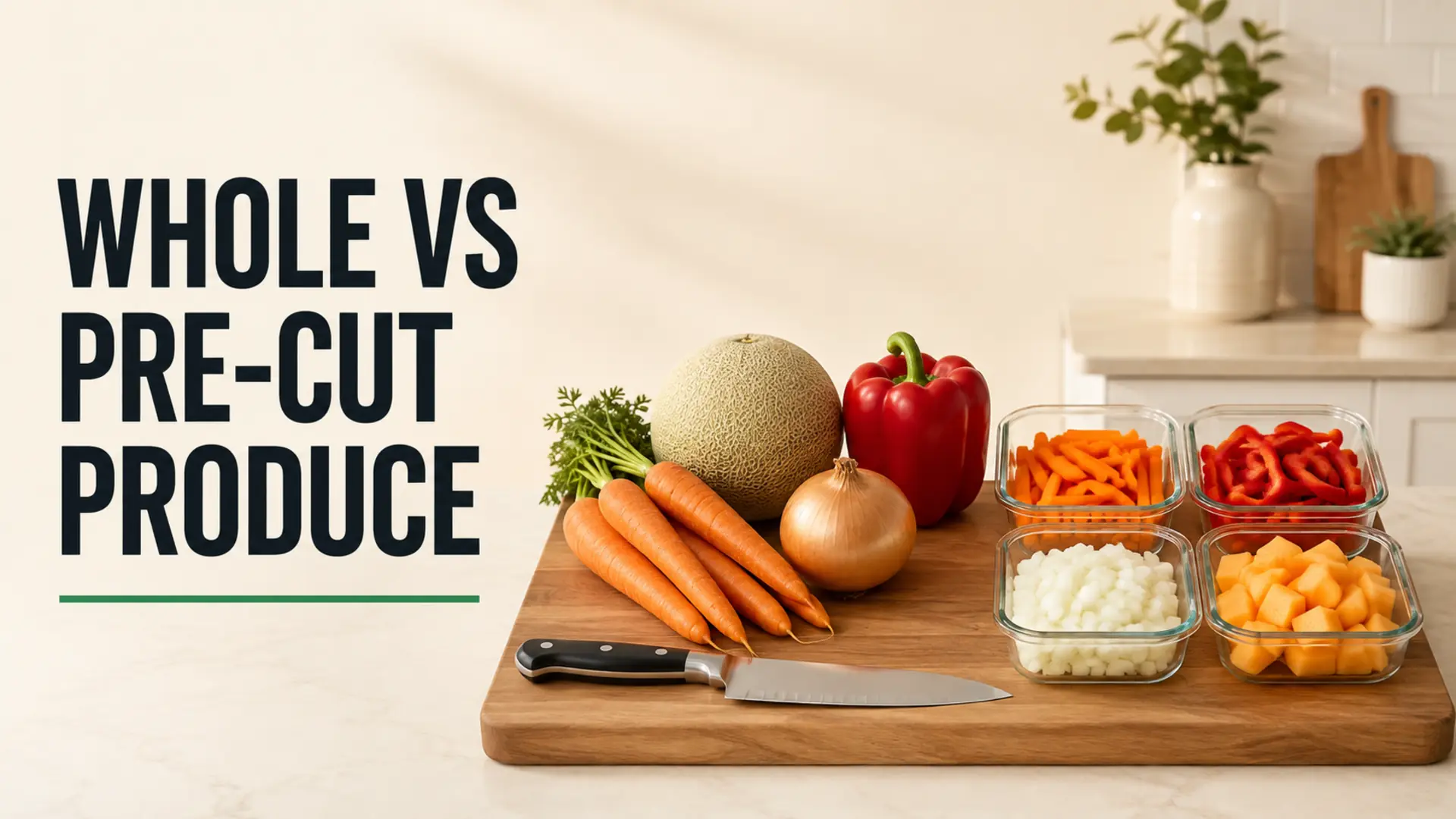 Cost of pre-cut fruits and vegetables compared with whole carrots, onion, melon and bell pepper on a kitchen cutting board