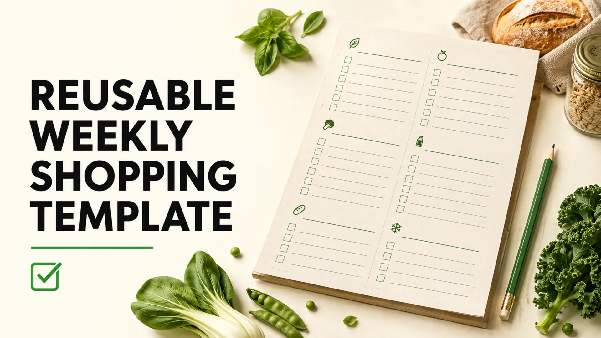 Reusable weekly shopping template with categorized checkboxes, fresh produce and pantry staples