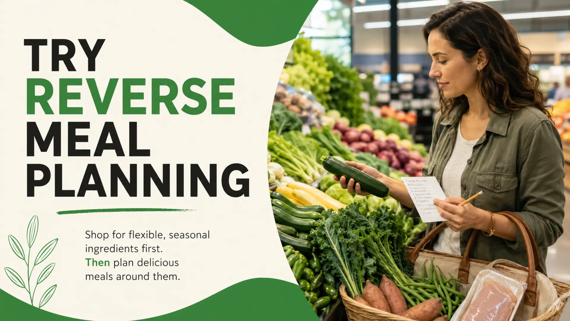 Reverse meal planning shopper selecting seasonal zucchini and vegetables before deciding the week’s meals