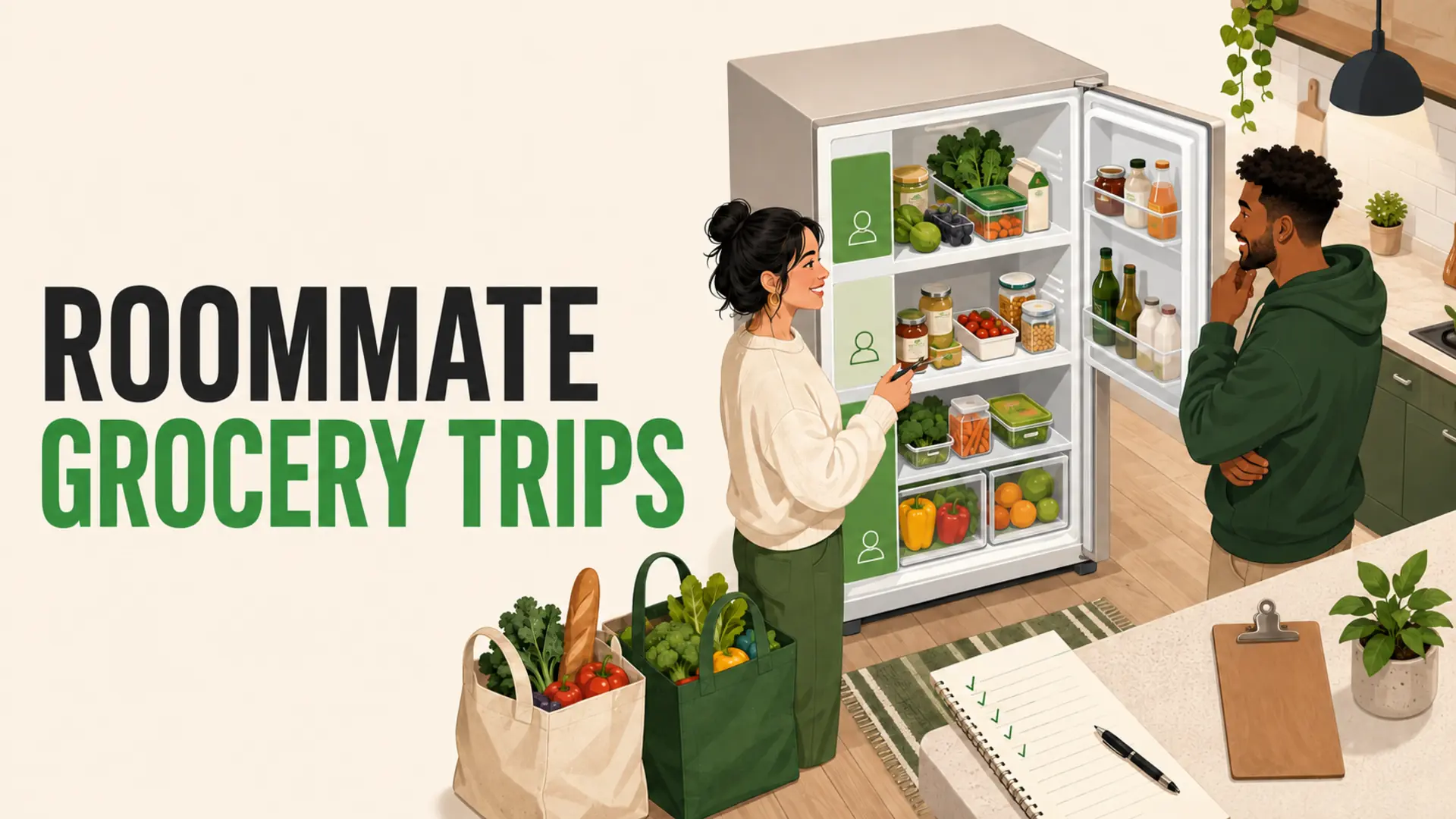 Two roommates coordinating grocery trips beside an organized refrigerator with shared and personal shelves