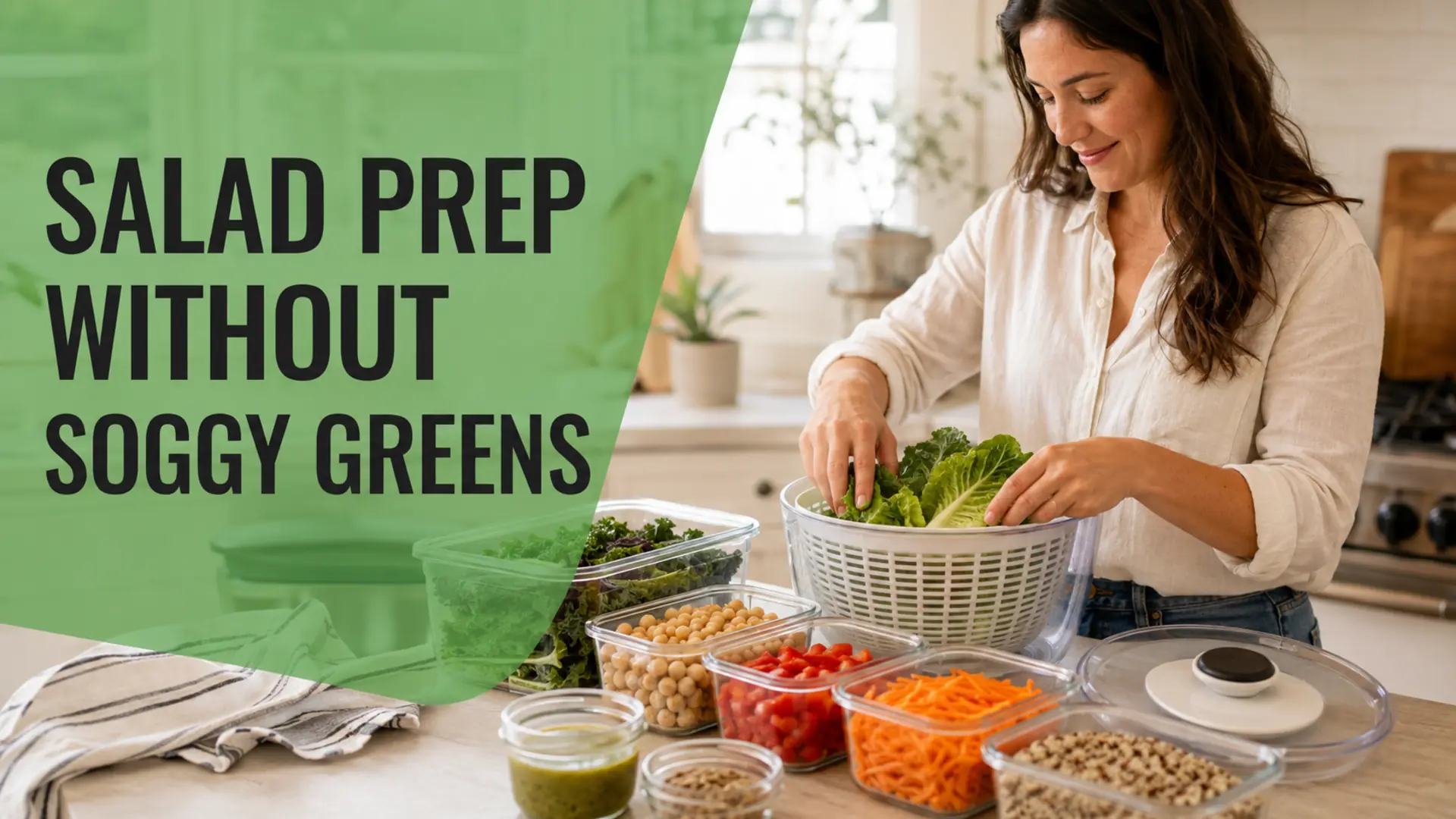 Home cook drying leafy greens and separating salad ingredients for salad prep without soggy greens