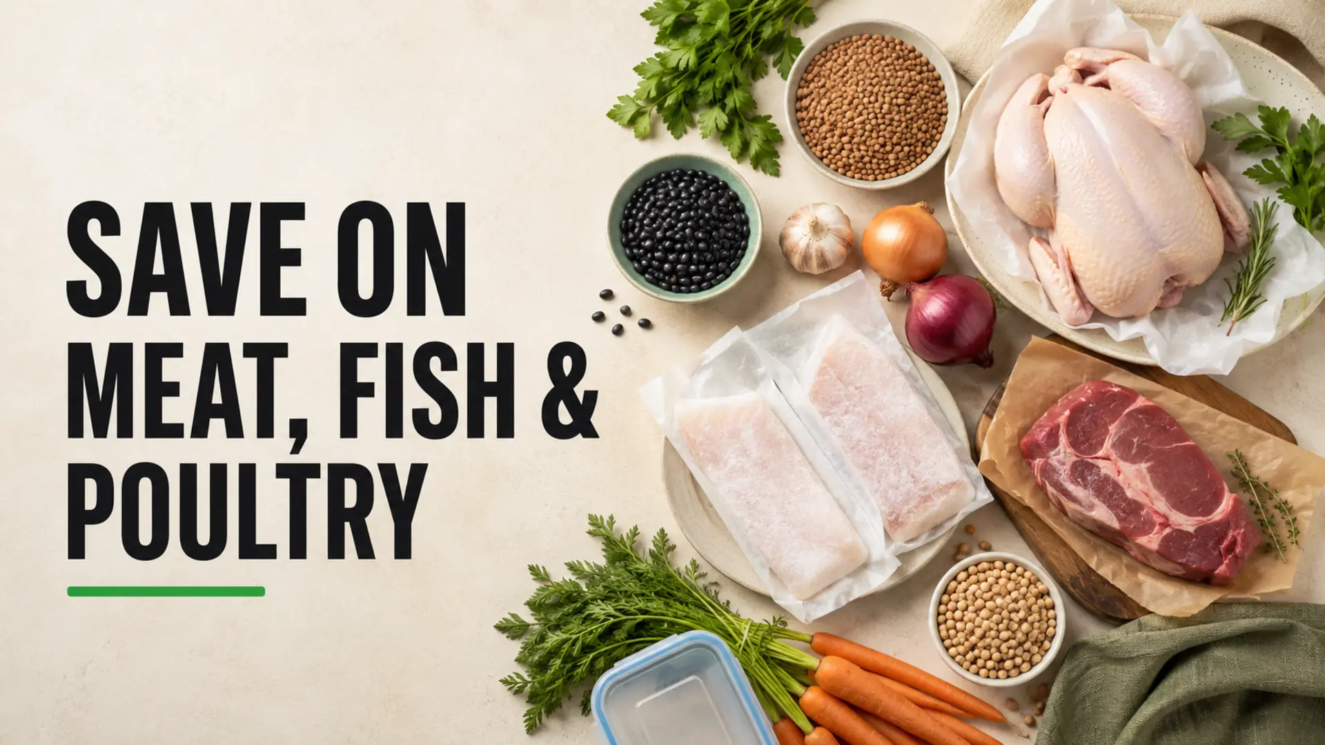 Save money on meat, fish and poultry with whole chicken, frozen fish, a flexible meat cut, lentils and vegetables
