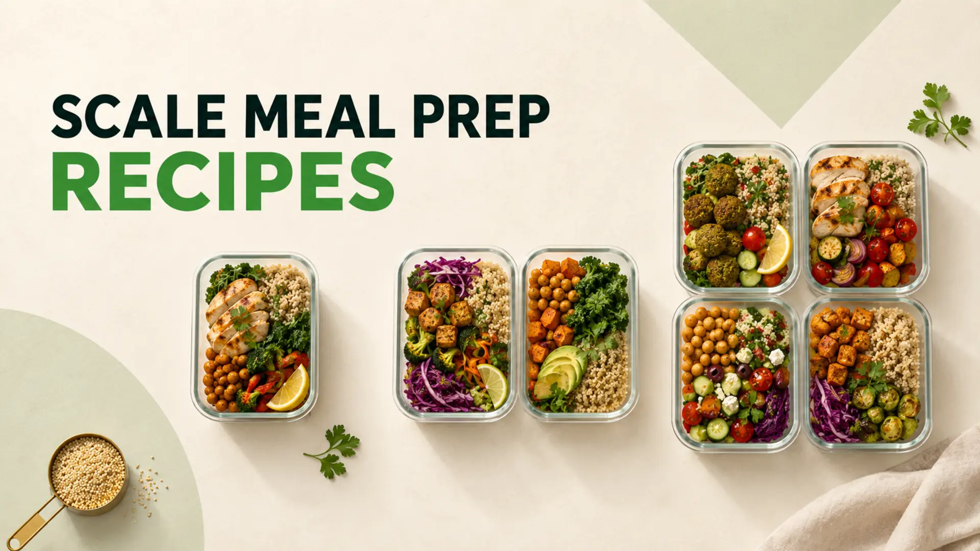 One, two and four meal-prep container groups showing how to scale meal prep recipes