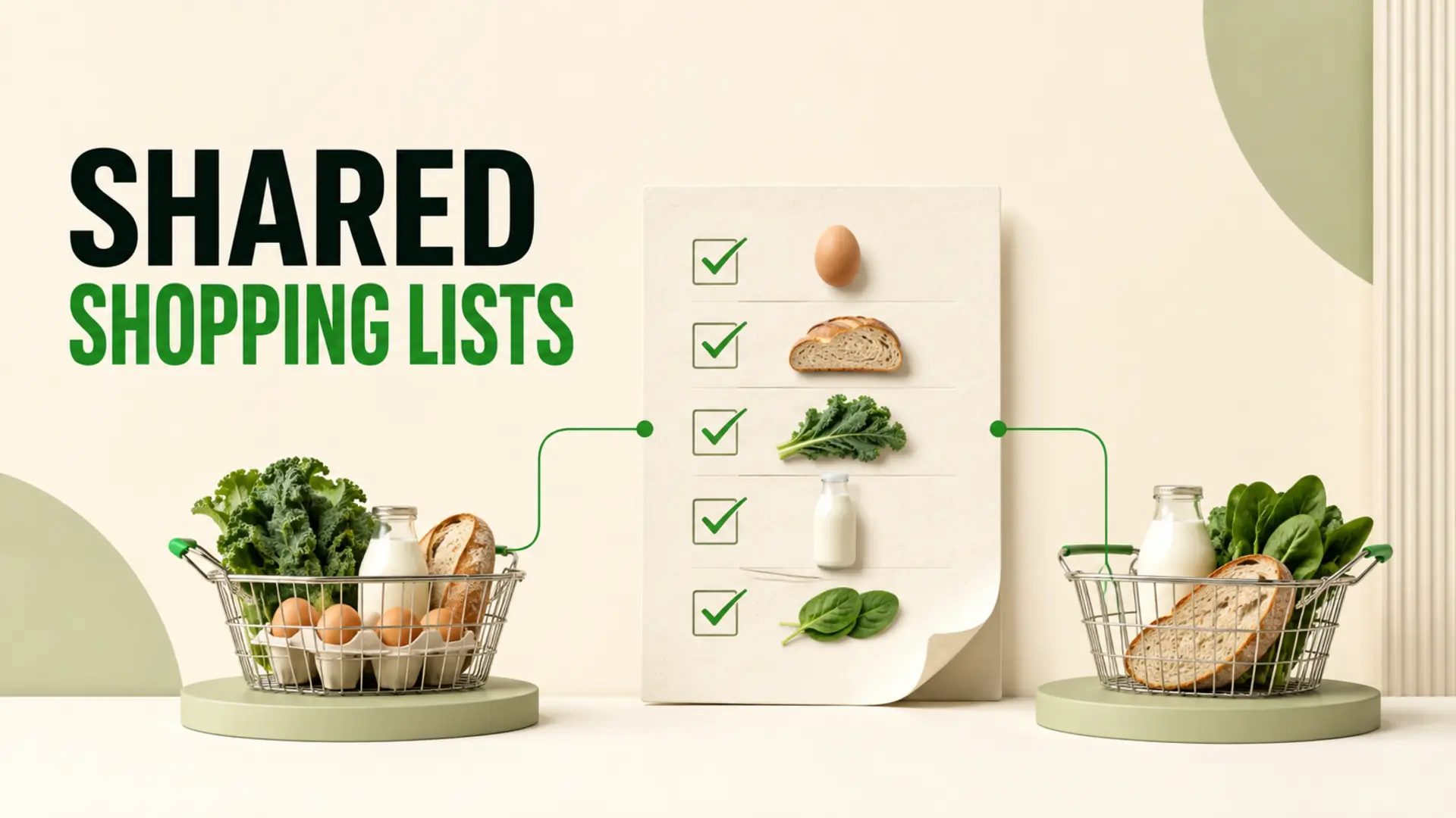 Two grocery baskets connected to one checklist for shared digital shopping lists