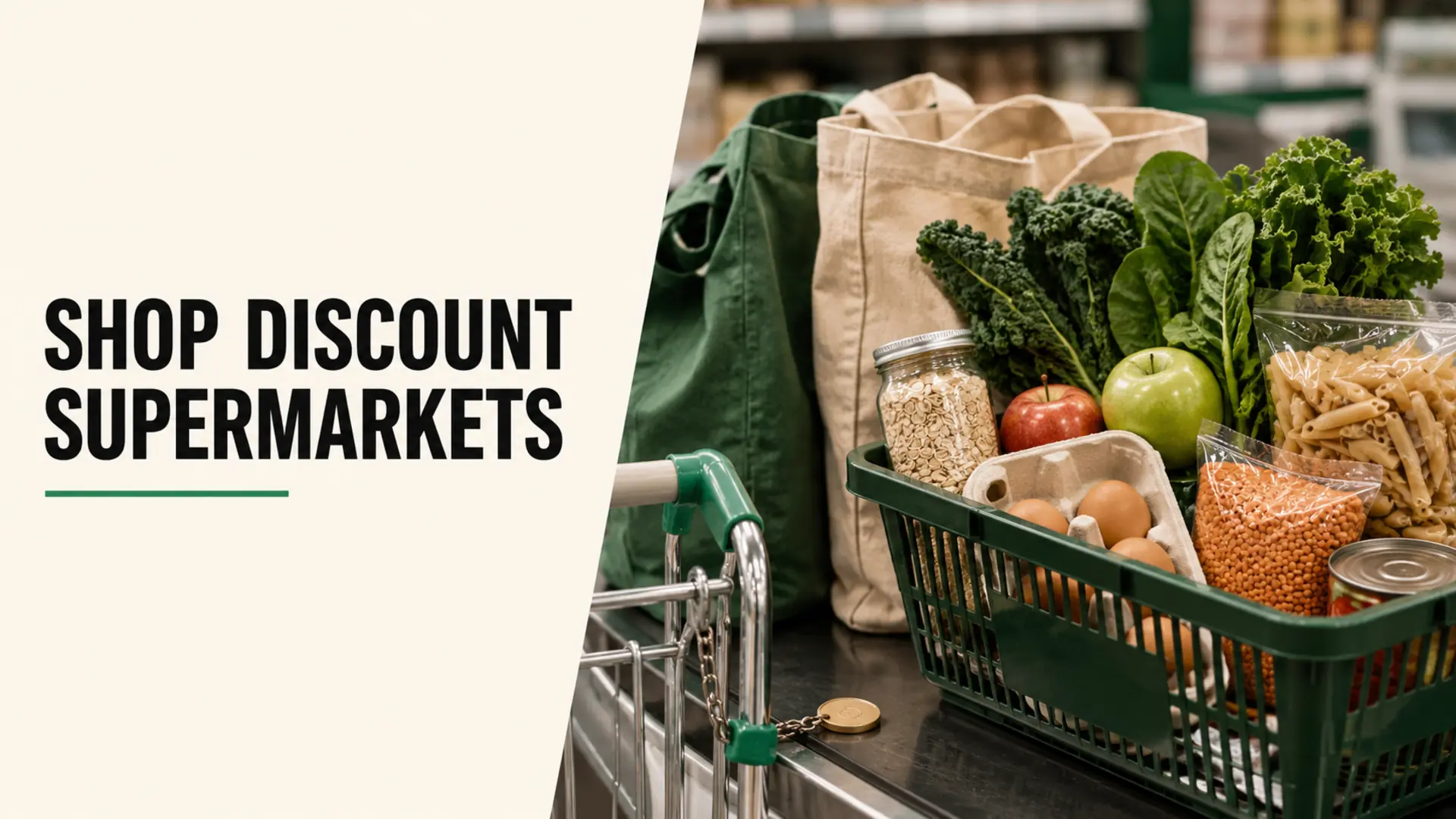 Shop at discount supermarkets with reusable bags, a cart token and a basket of healthy grocery staples