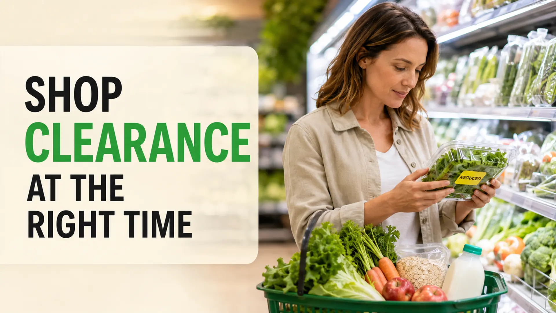 Best time to shop supermarket clearance with a shopper checking a reduced-price salad beside a basket of healthy groceries