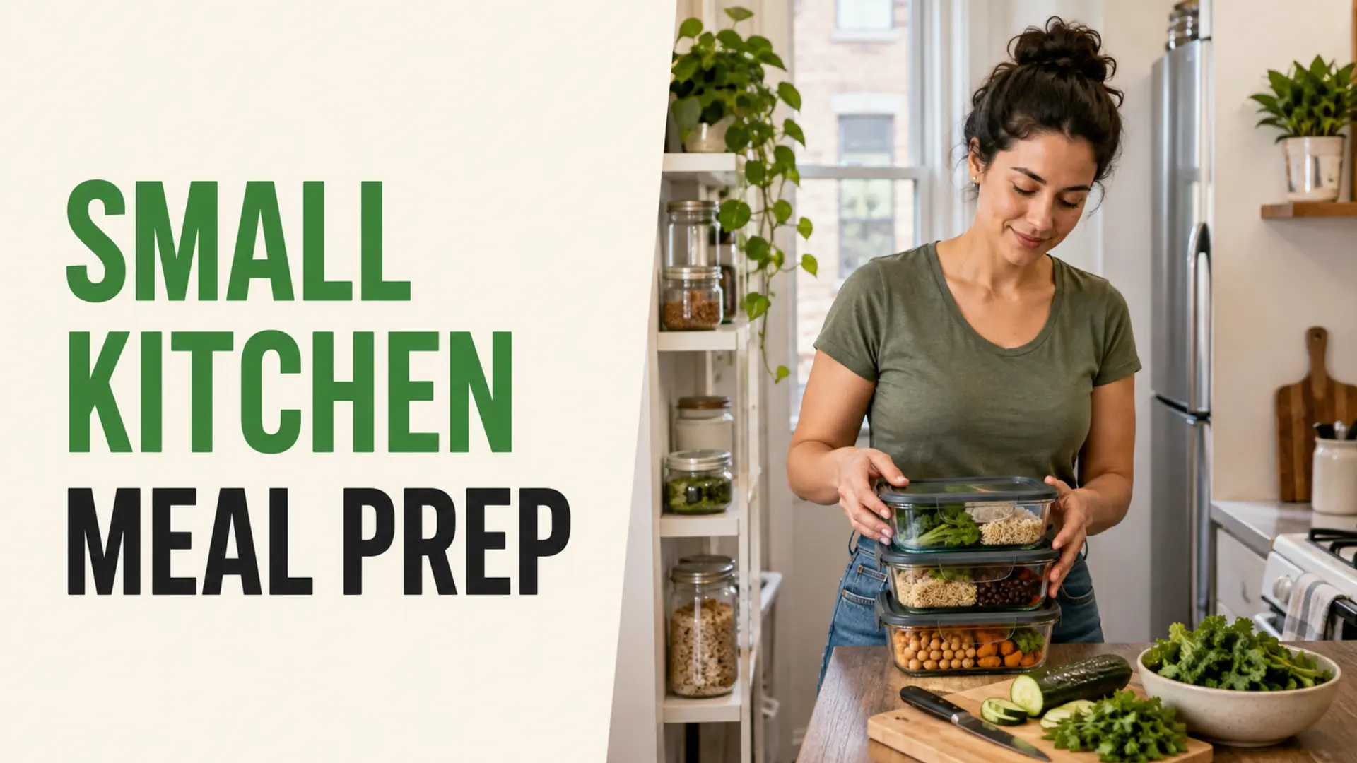 Home cook stacking vegetable, grain and bean containers for small kitchen meal prep