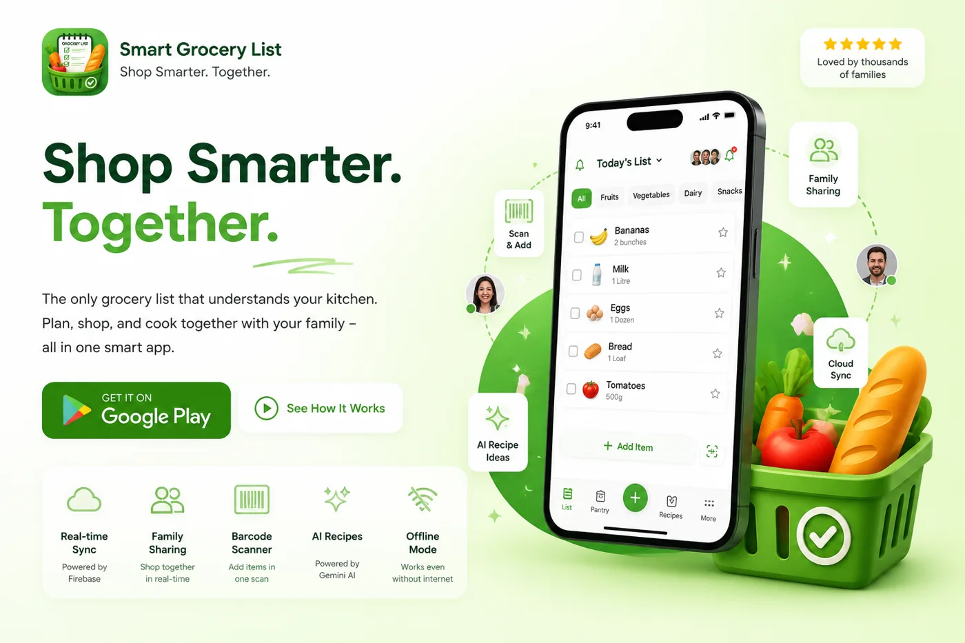 Smart Grocery List mobile app with shared grocery lists, pantry tracking, favorites and barcode scanning