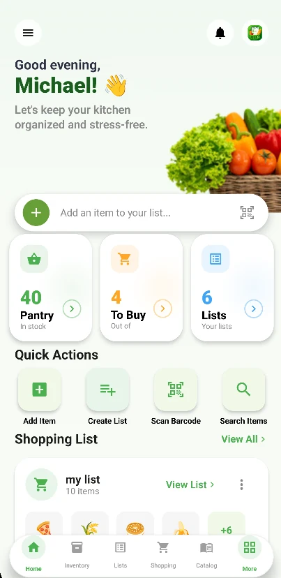 Real Smart Grocery List app home screen