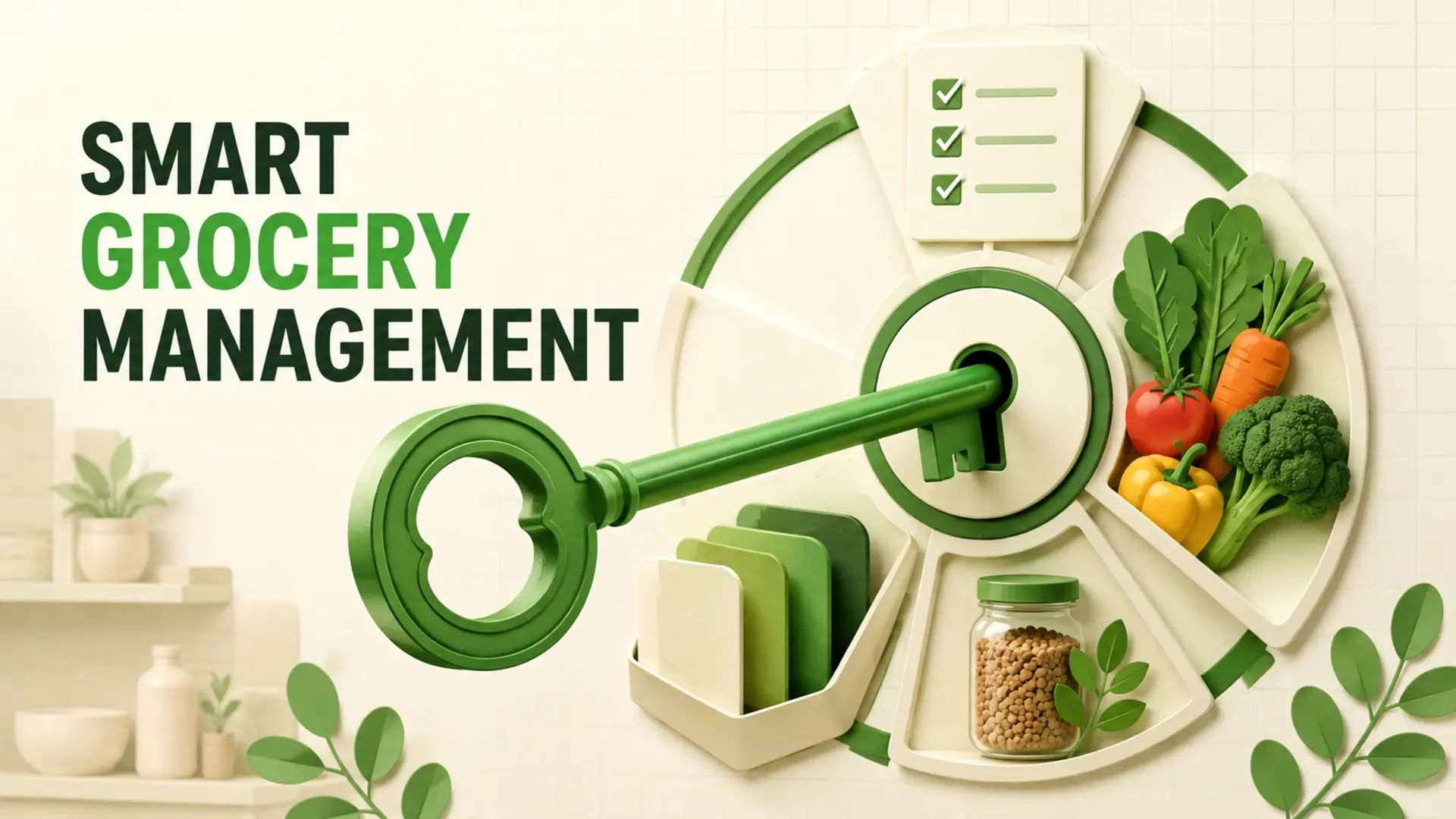 Green key unlocking an organized smart grocery management system with produce, pantry items and a checklist