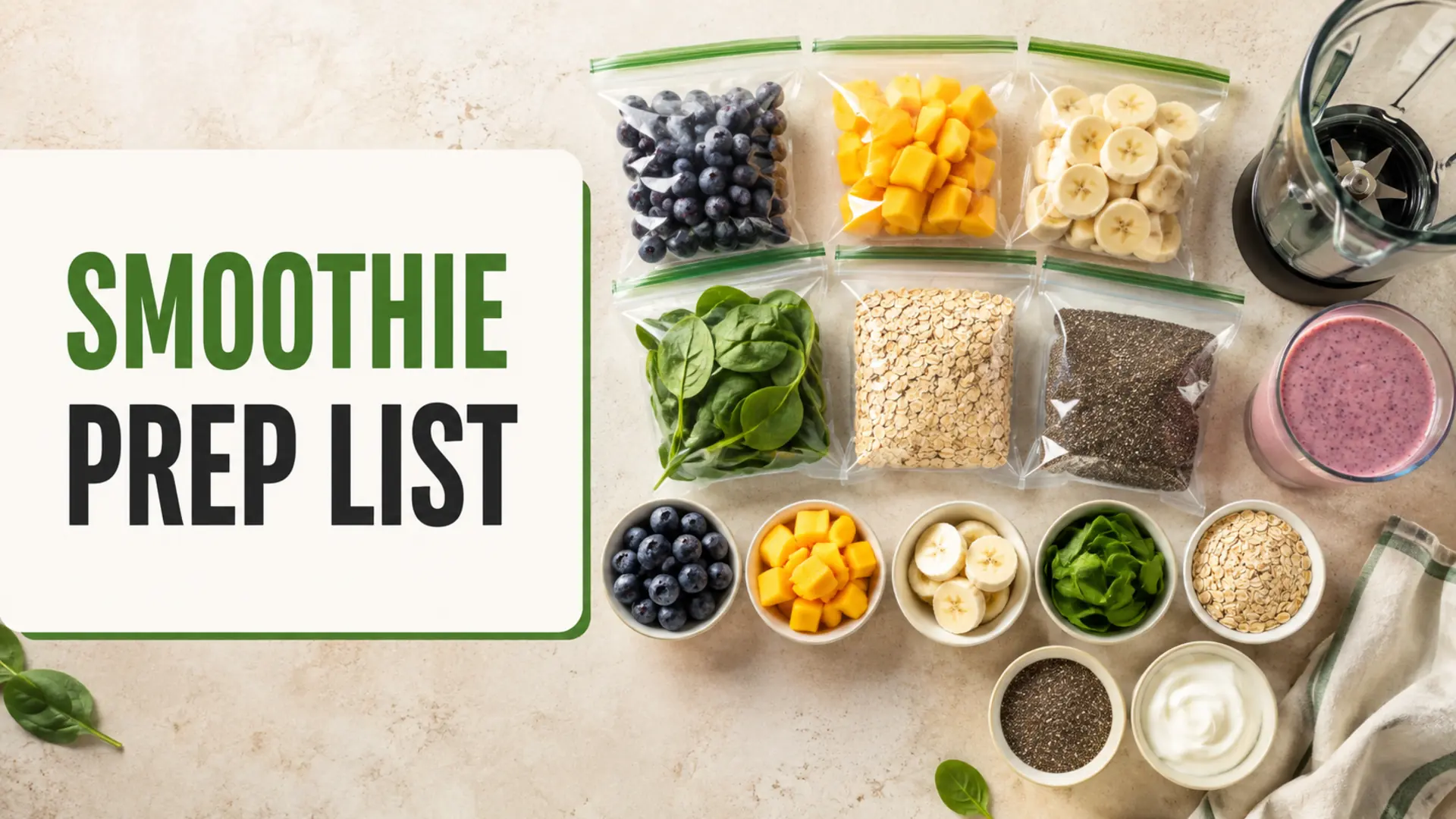 Smoothie prep list with portioned berries, mango, banana, spinach, oats and chia seeds