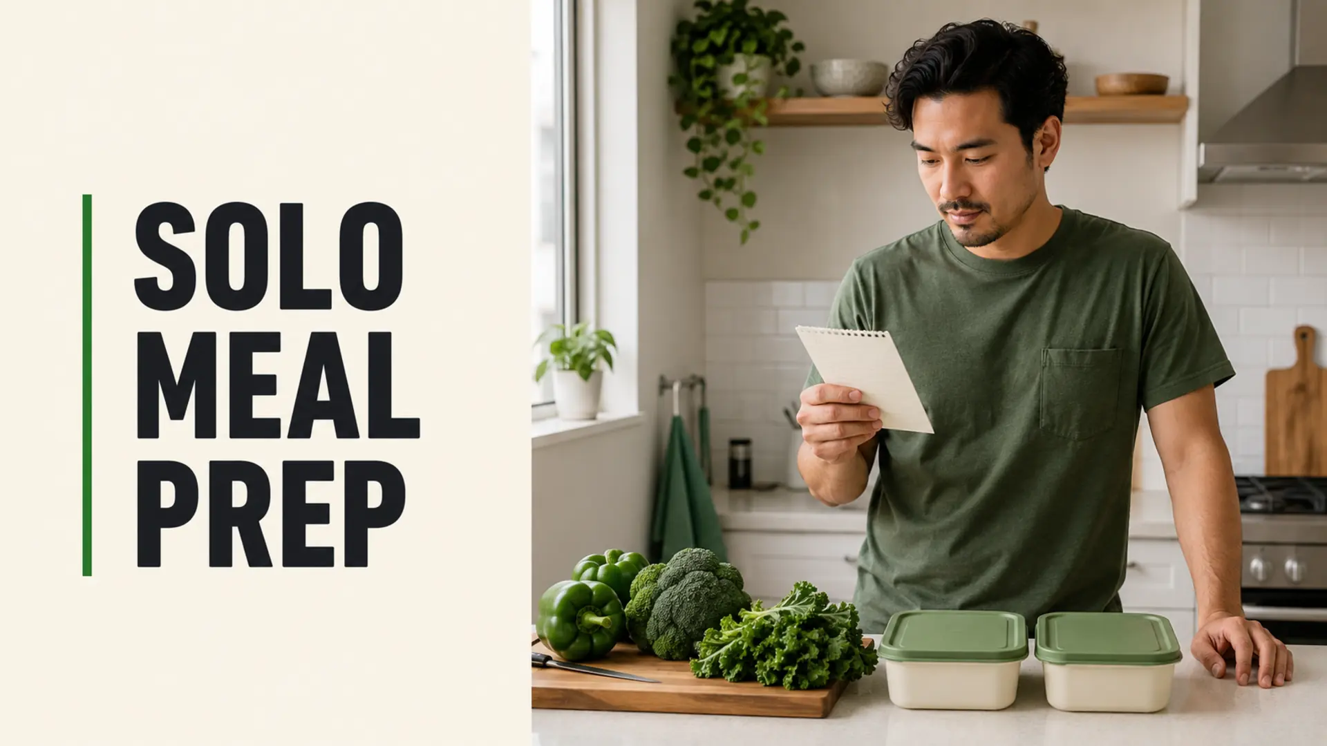 Solo meal prep with a grocery list, fresh green vegetables and two portioned meal containers