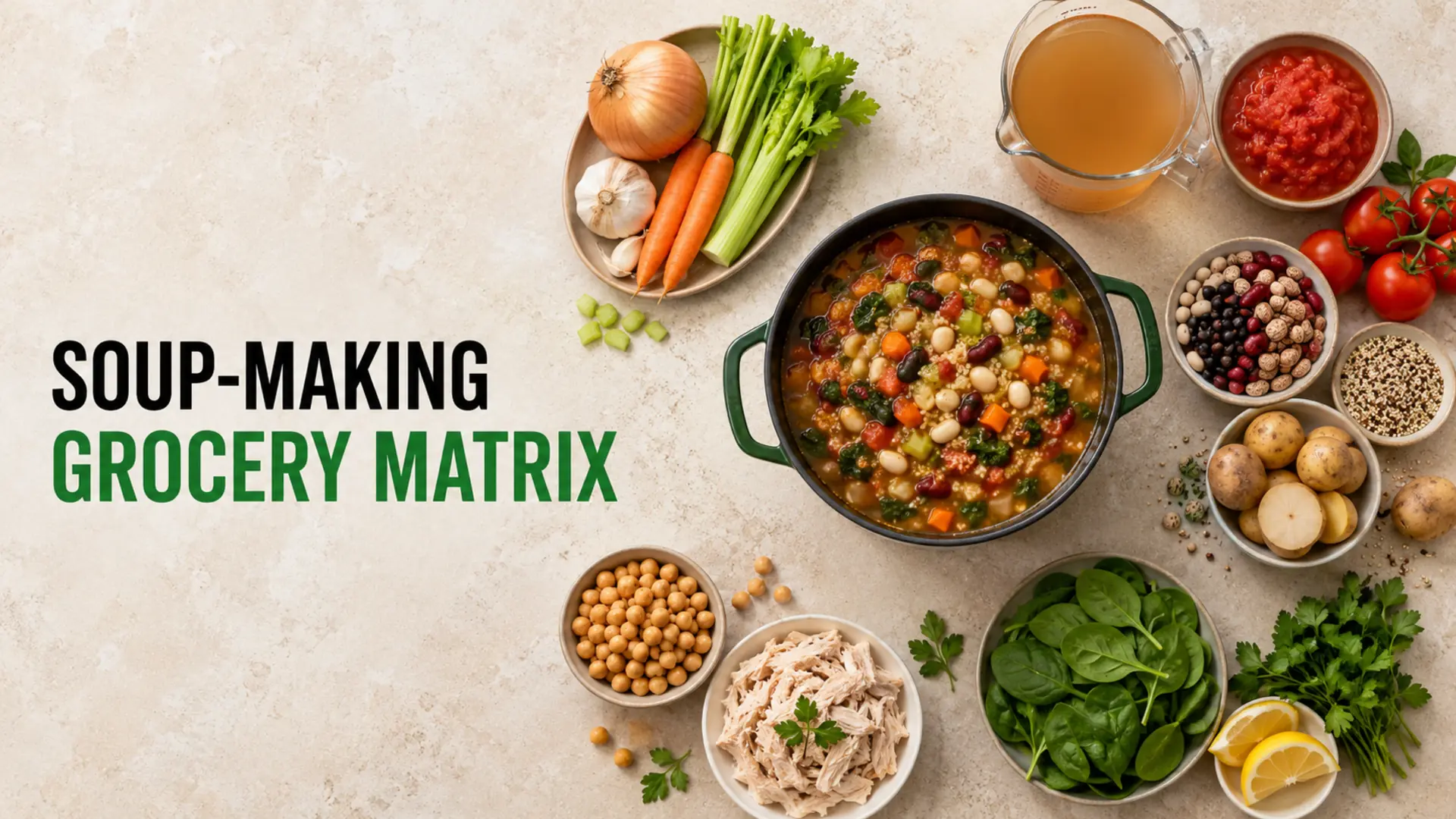 Soup-making grocery matrix with aromatics, broth, beans, grains, potatoes, greens and protein options