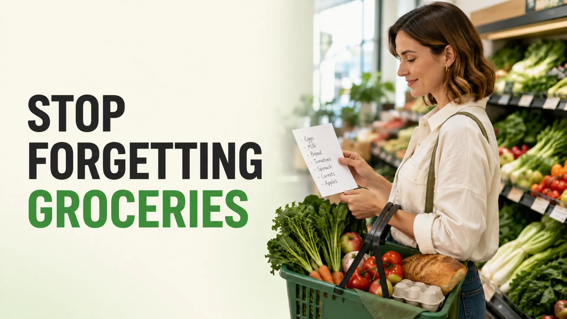 Shopper using a grocery list to stop forgetting groceries in the produce aisle