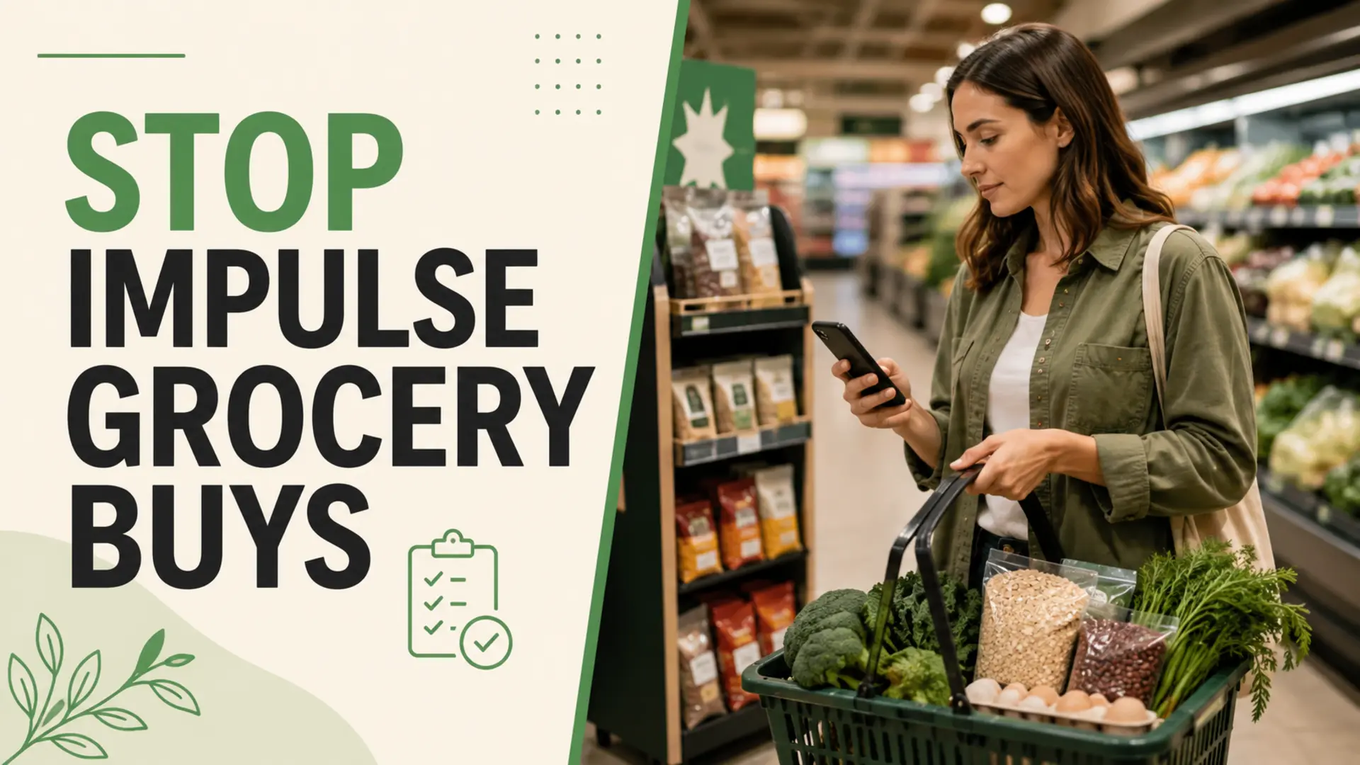 Shopper using a grocery list app beside a focused basket of vegetables, oats, beans and eggs to reduce impulse grocery buys