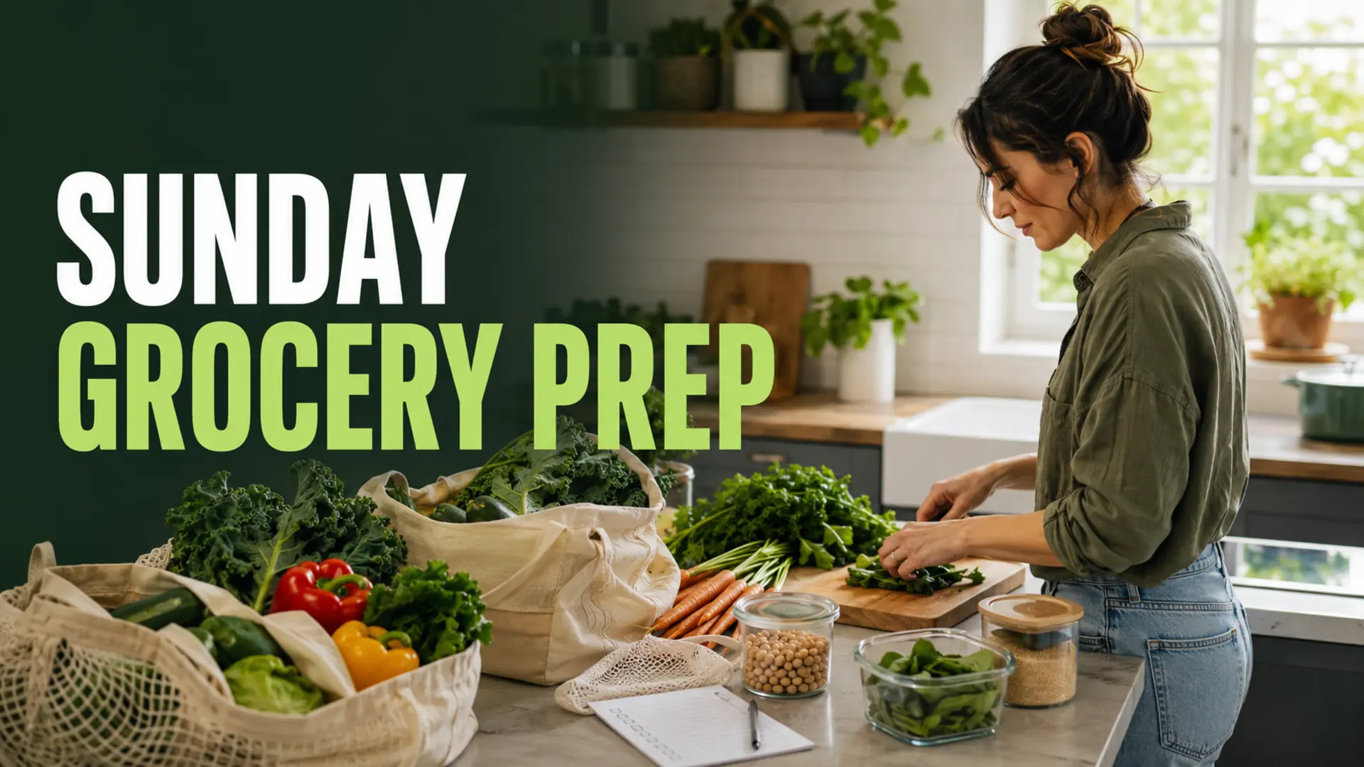 Home cook organizing vegetables and pantry staples during Sunday grocery prep