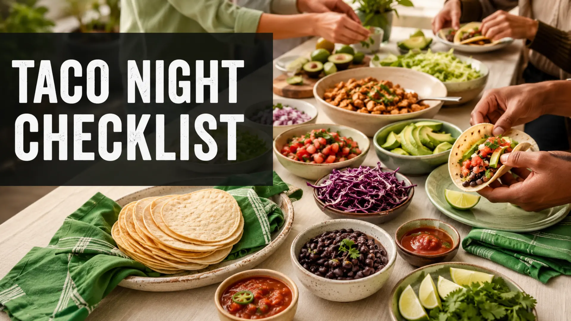 Taco night shopping checklist with tortillas, beans, vegetables, avocado, salsa and lime