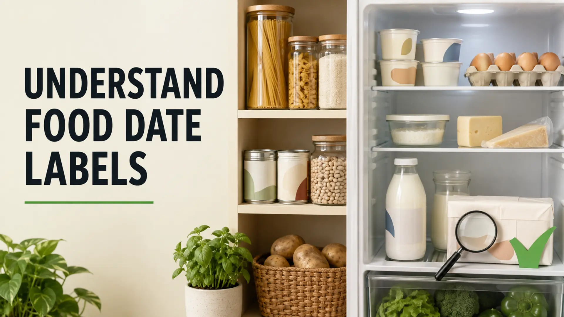 Food expiration dates explained with an organized refrigerator, pantry staples and a magnifying glass checking an unbranded package label