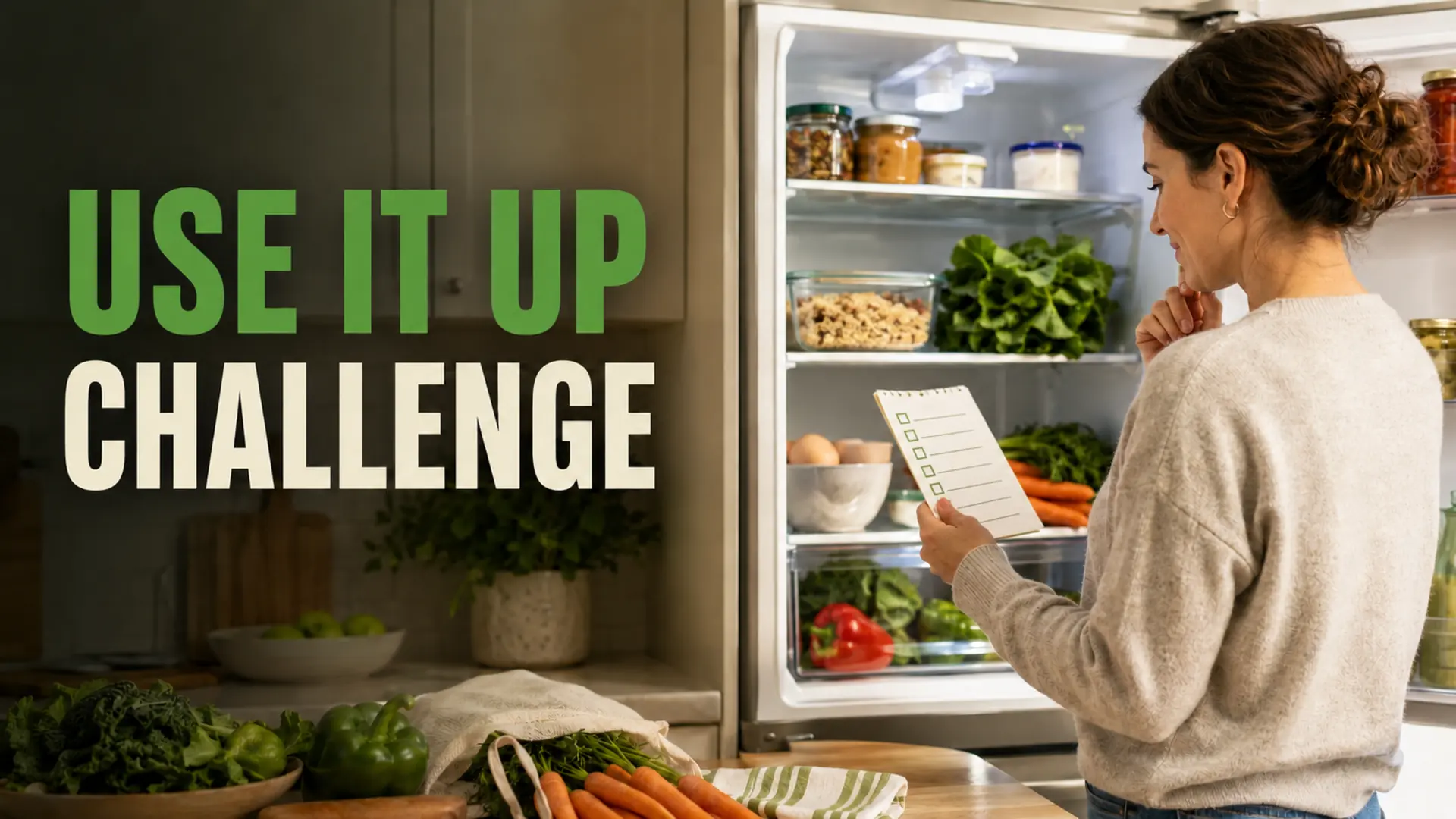 Use It Up Challenge with a shopper reviewing vegetables, eggs and prepared grains in an organized refrigerator