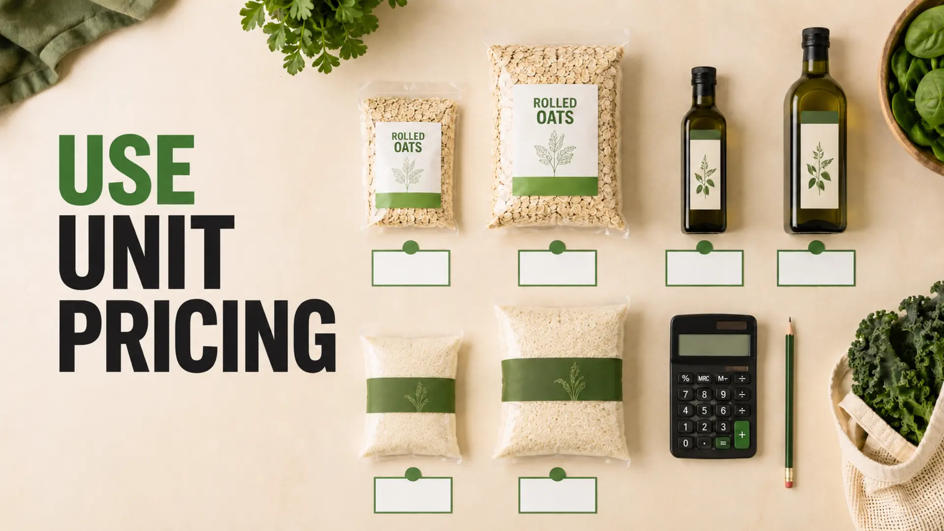 Use unit pricing to compare differently sized packages of oats, rice and olive oil with a calculator