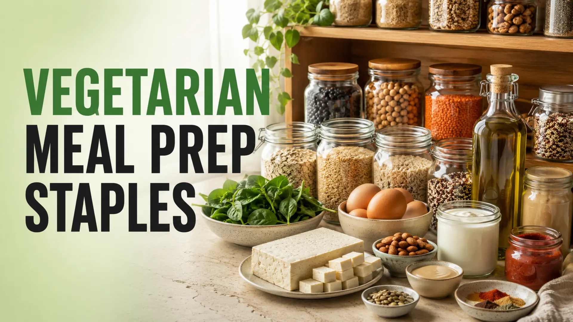 Vegetarian meal prep staples including lentils, beans, grains, tofu, eggs, yogurt, nuts and greens