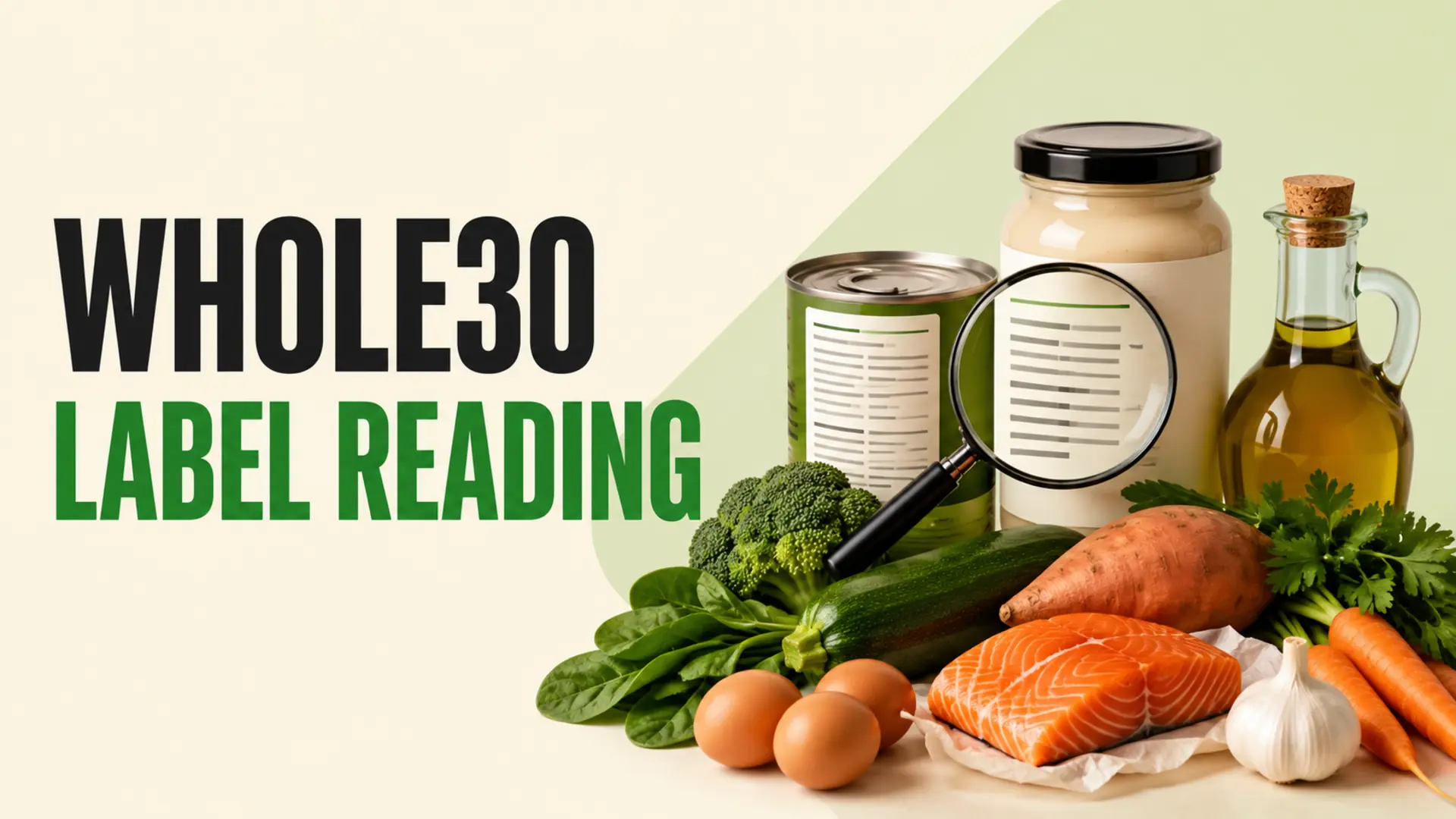 Whole30 shopping list ingredients with generic packaged-food labels and a magnifying glass