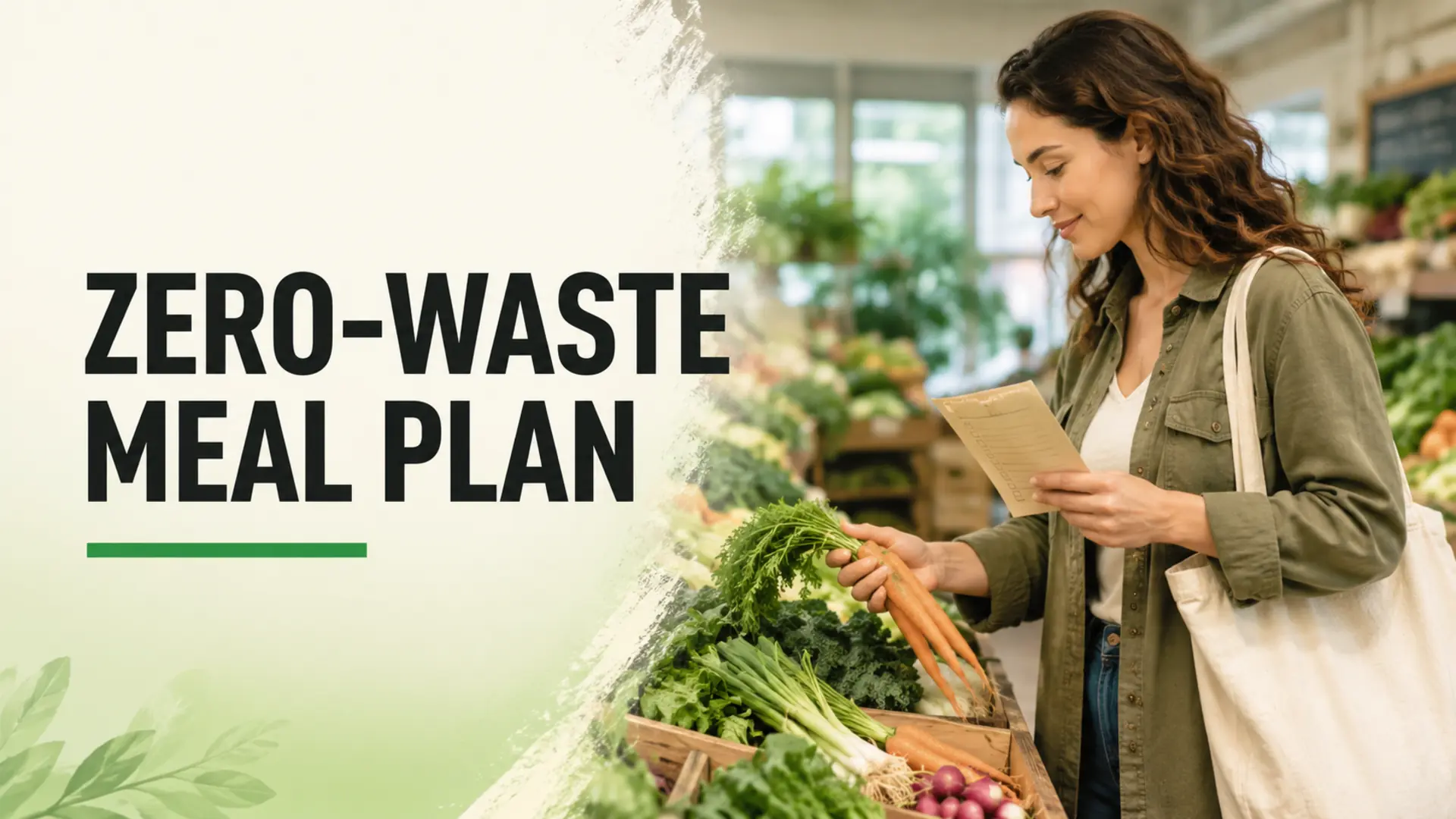 Shopper choosing loose vegetables with a reusable bag and paper list for a zero-waste meal plan